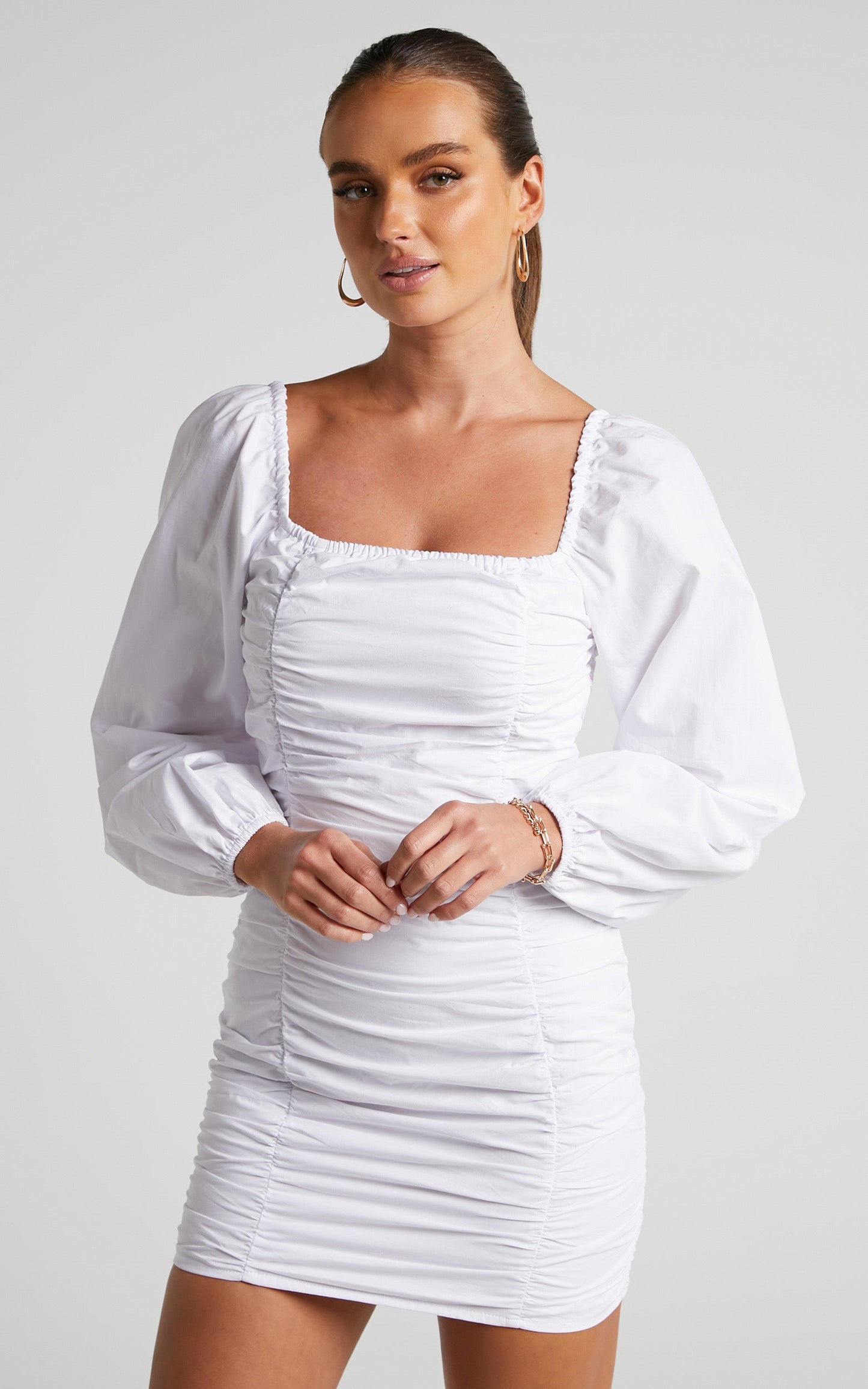 Verne Mini Dress - Ruched Front Long Sleeve Dress in White