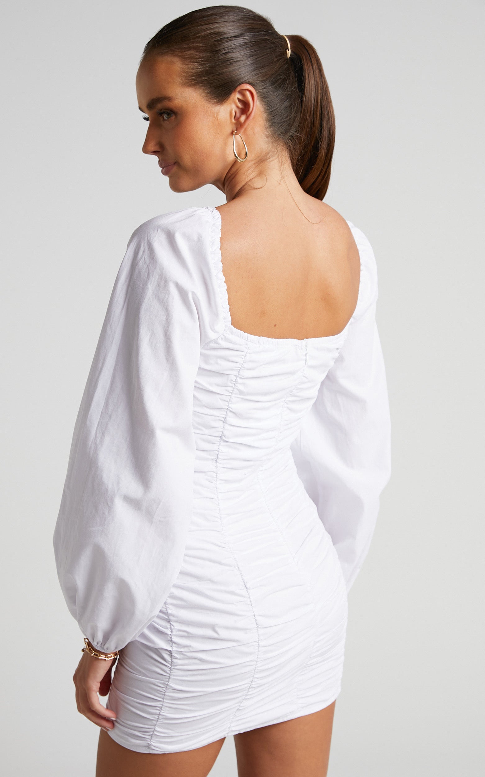 Verne Mini Dress - Ruched Front Long Sleeve Dress in White