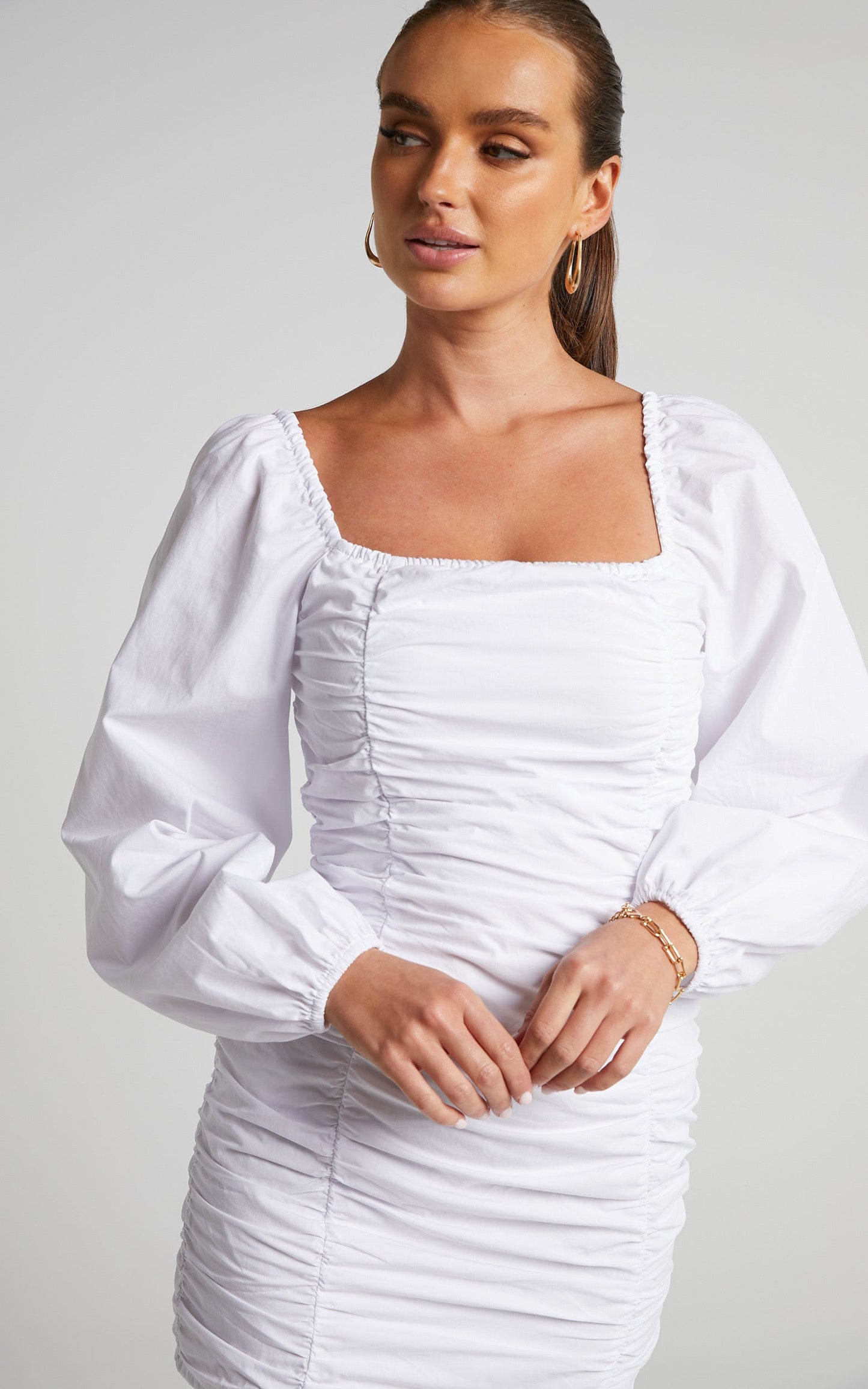 Verne Mini Dress - Ruched Front Long Sleeve Dress in White