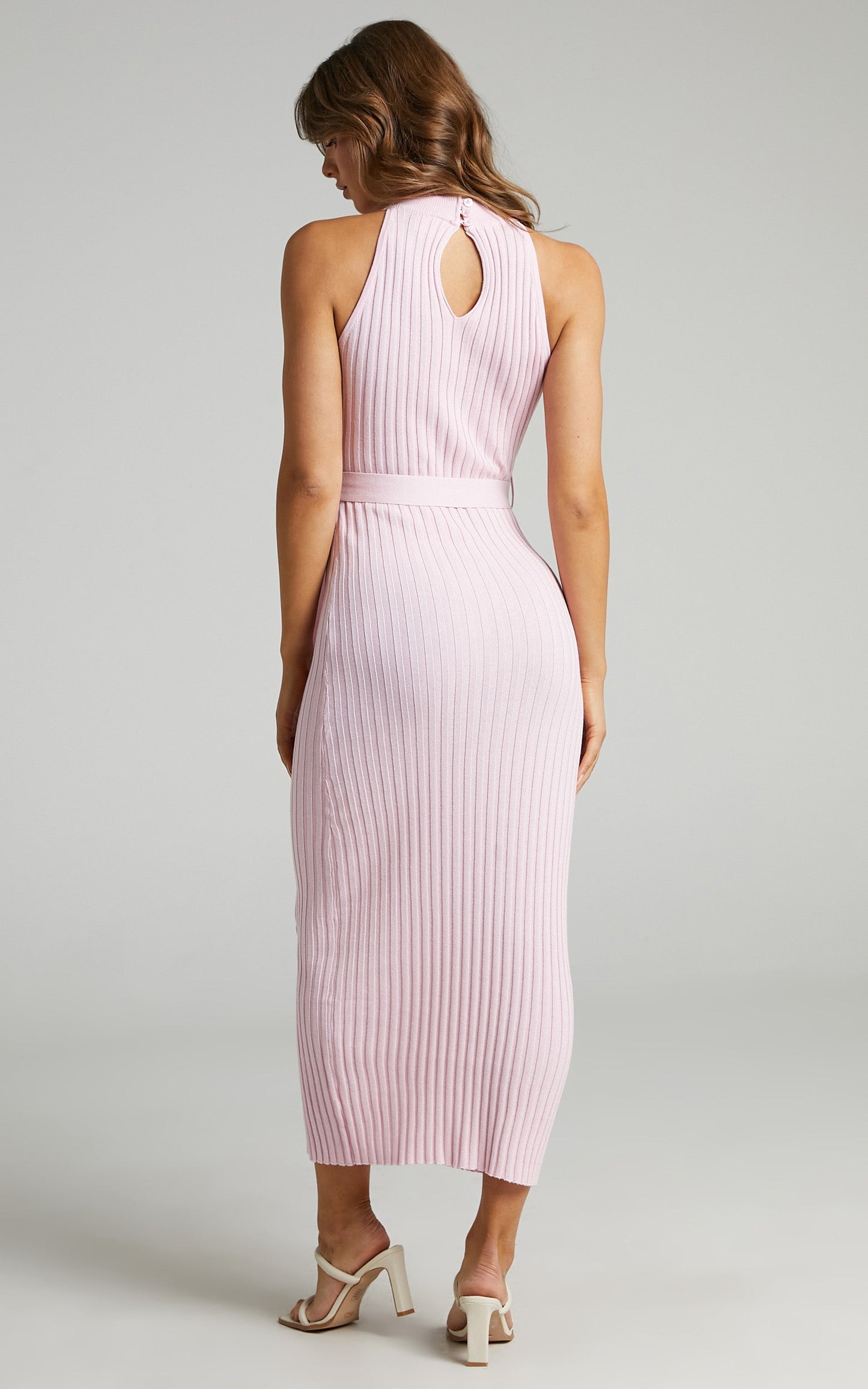 Verona High Neck Maxi Knit Dress with Button Up Split in Ice Pink