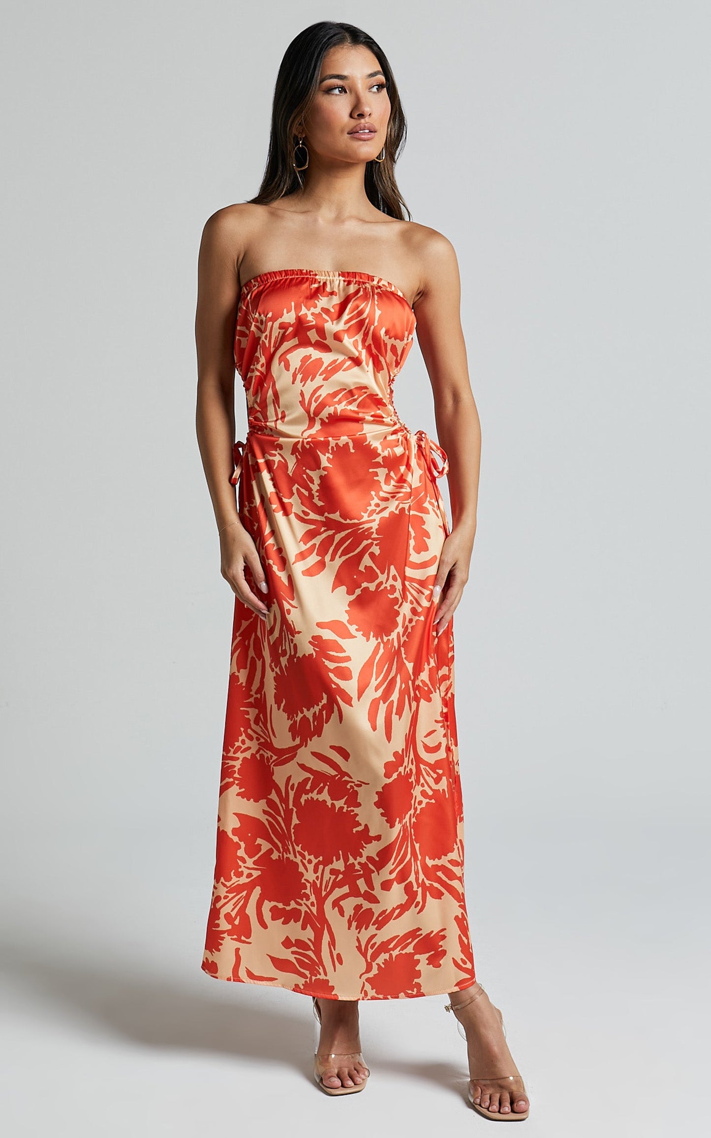 Veronica Midi Dress - Strapless Side Cut Out Satin Dress in Orange Floral