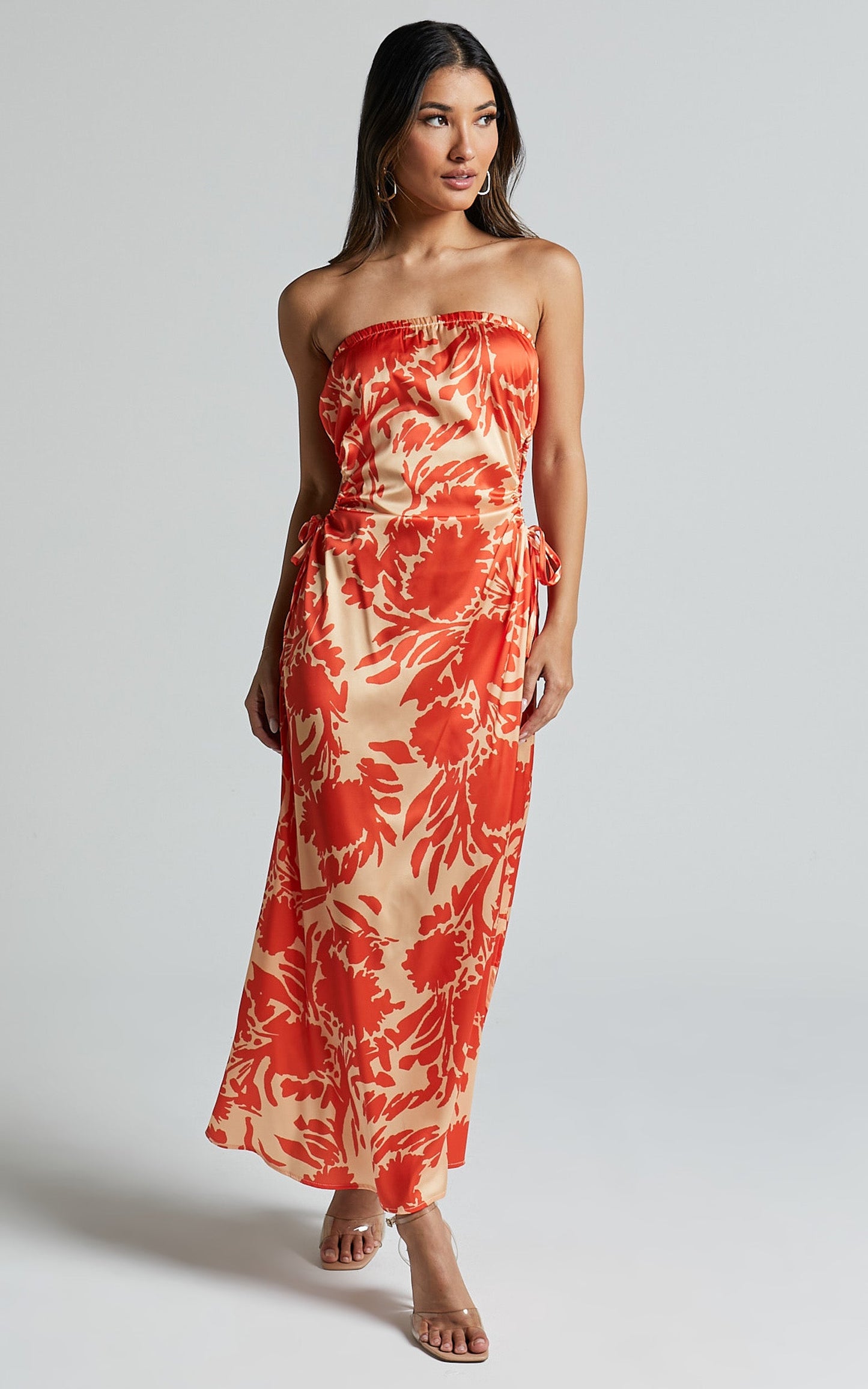Veronica Midi Dress - Strapless Side Cut Out Satin Dress in Orange Floral