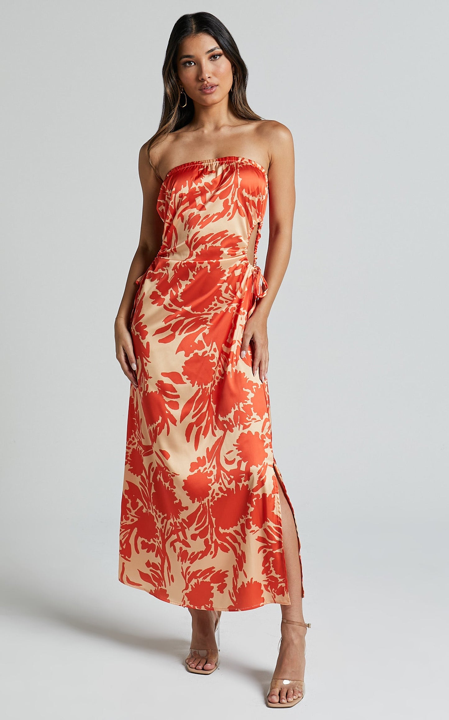Veronica Midi Dress - Strapless Side Cut Out Satin Dress in Orange Floral