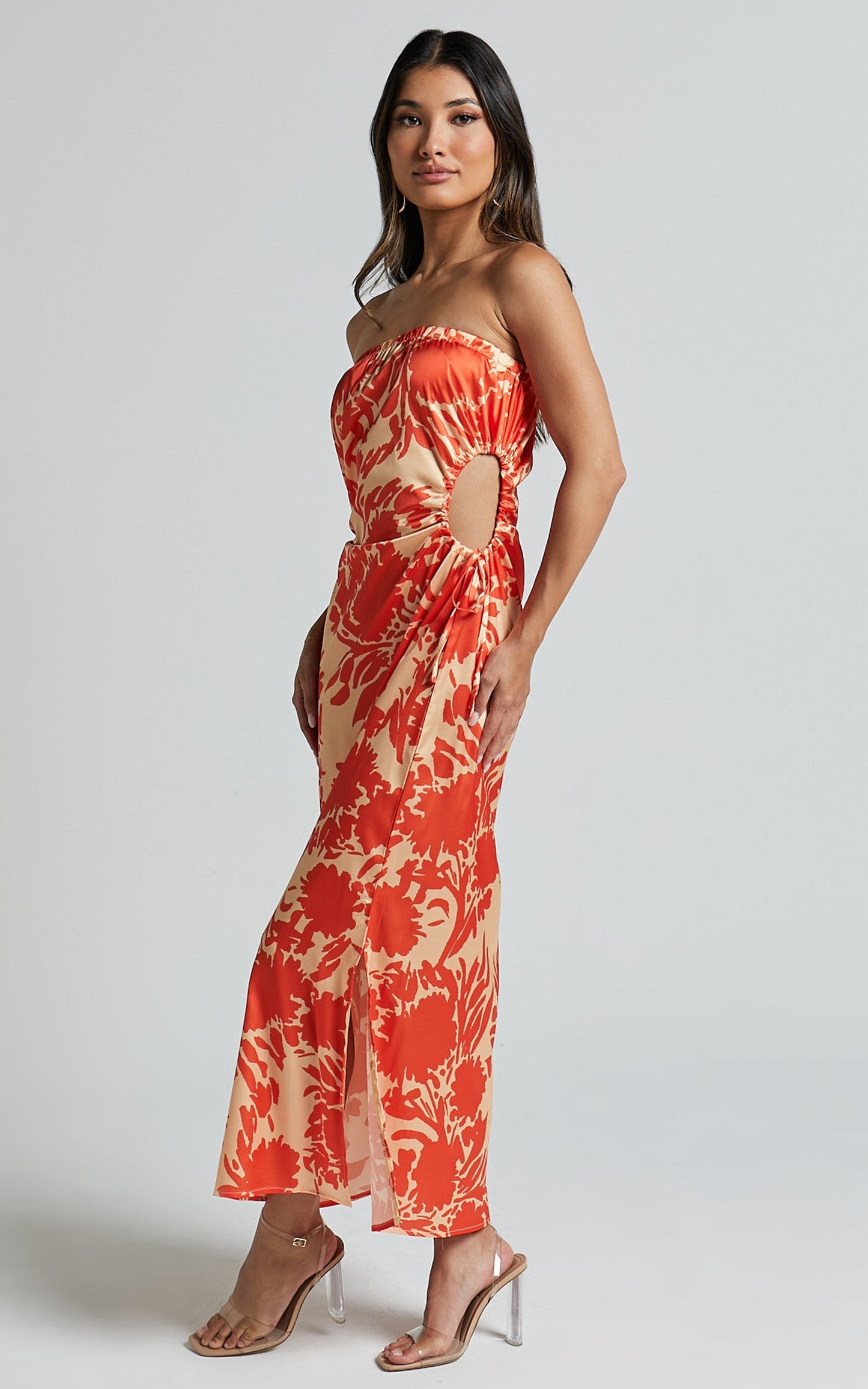 Veronica Midi Dress - Strapless Side Cut Out Satin Dress in Orange Floral