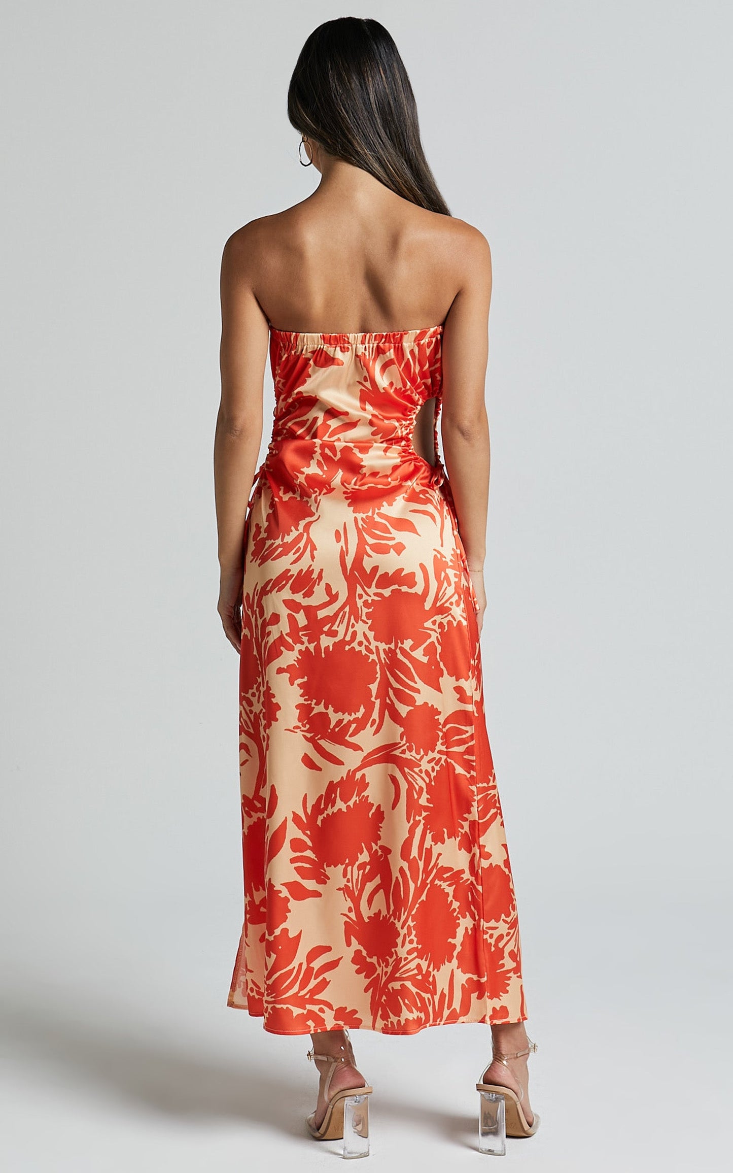 Veronica Midi Dress - Strapless Side Cut Out Satin Dress in Orange Floral