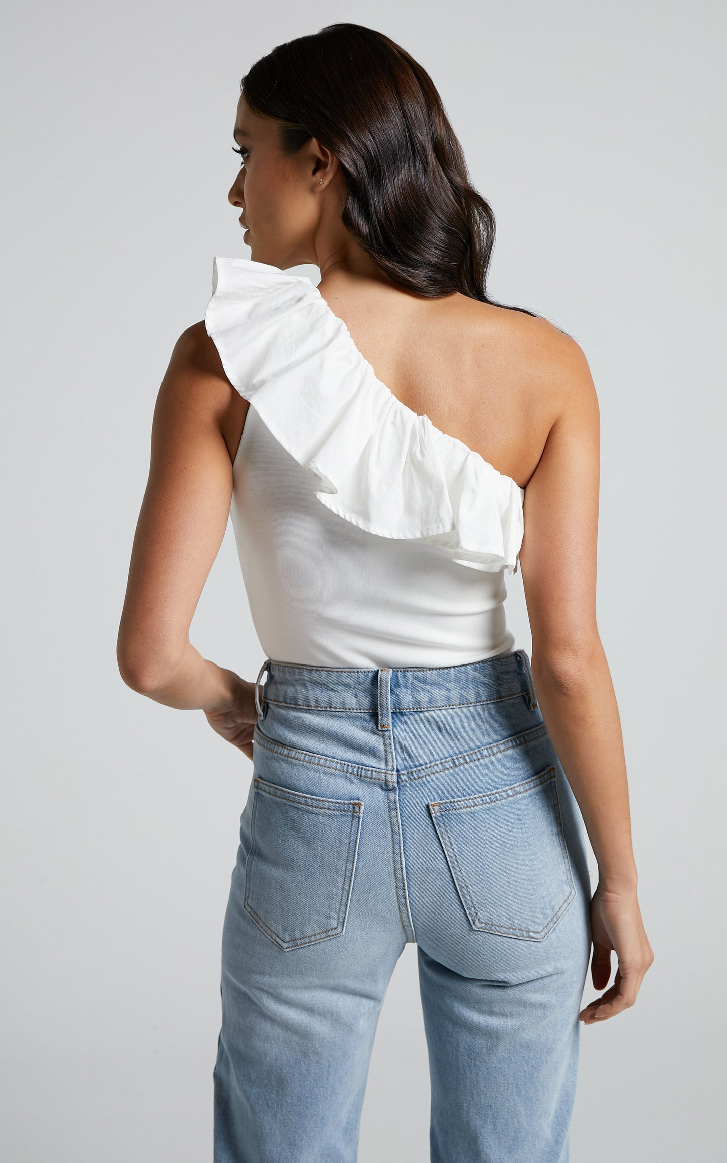 Veronika Bodysuit - One Shoulder Asymmetrical Frill in White