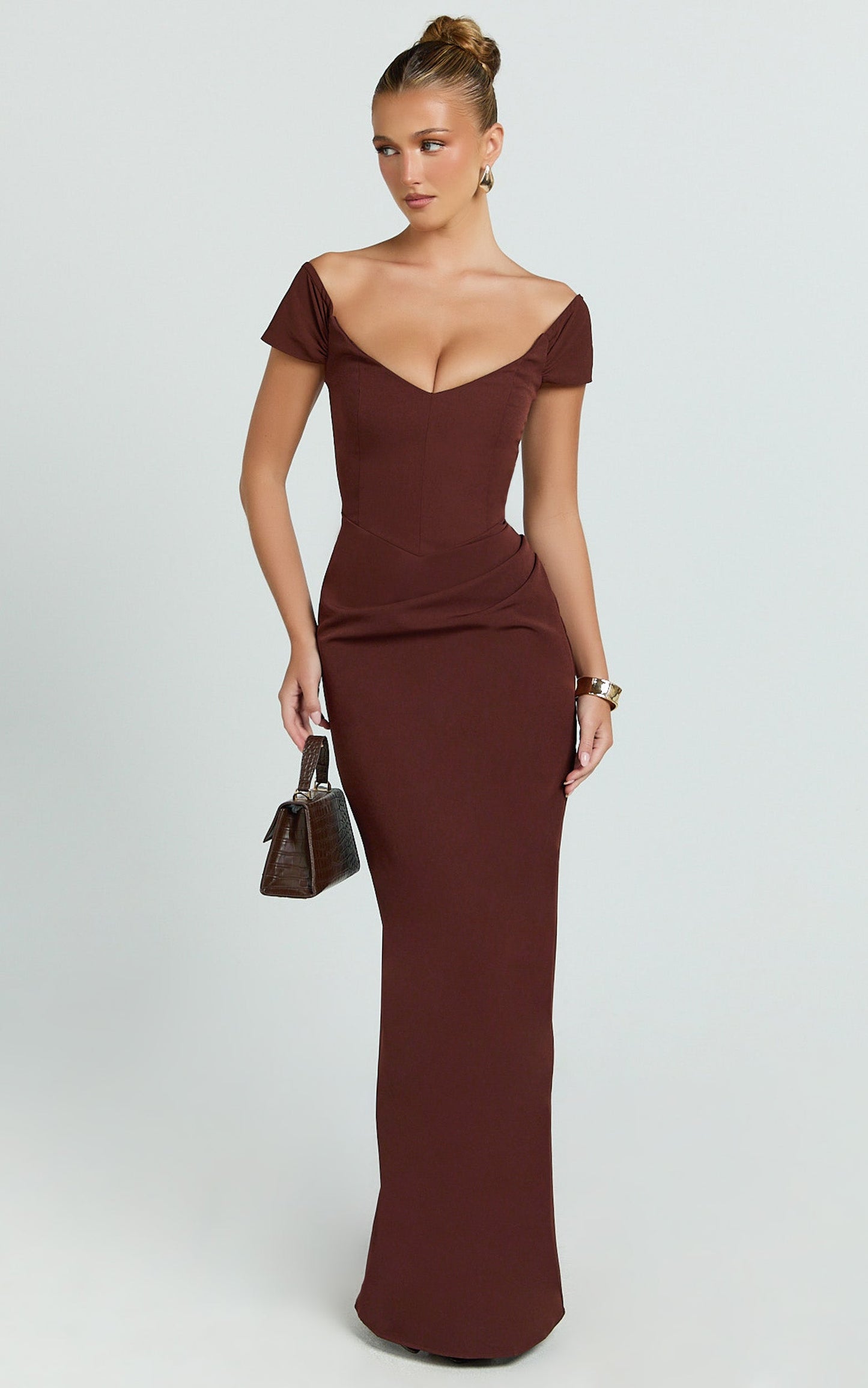 Veronika Maxi Dress - Off Shoulder Plunge High Split Dress in Chocolate