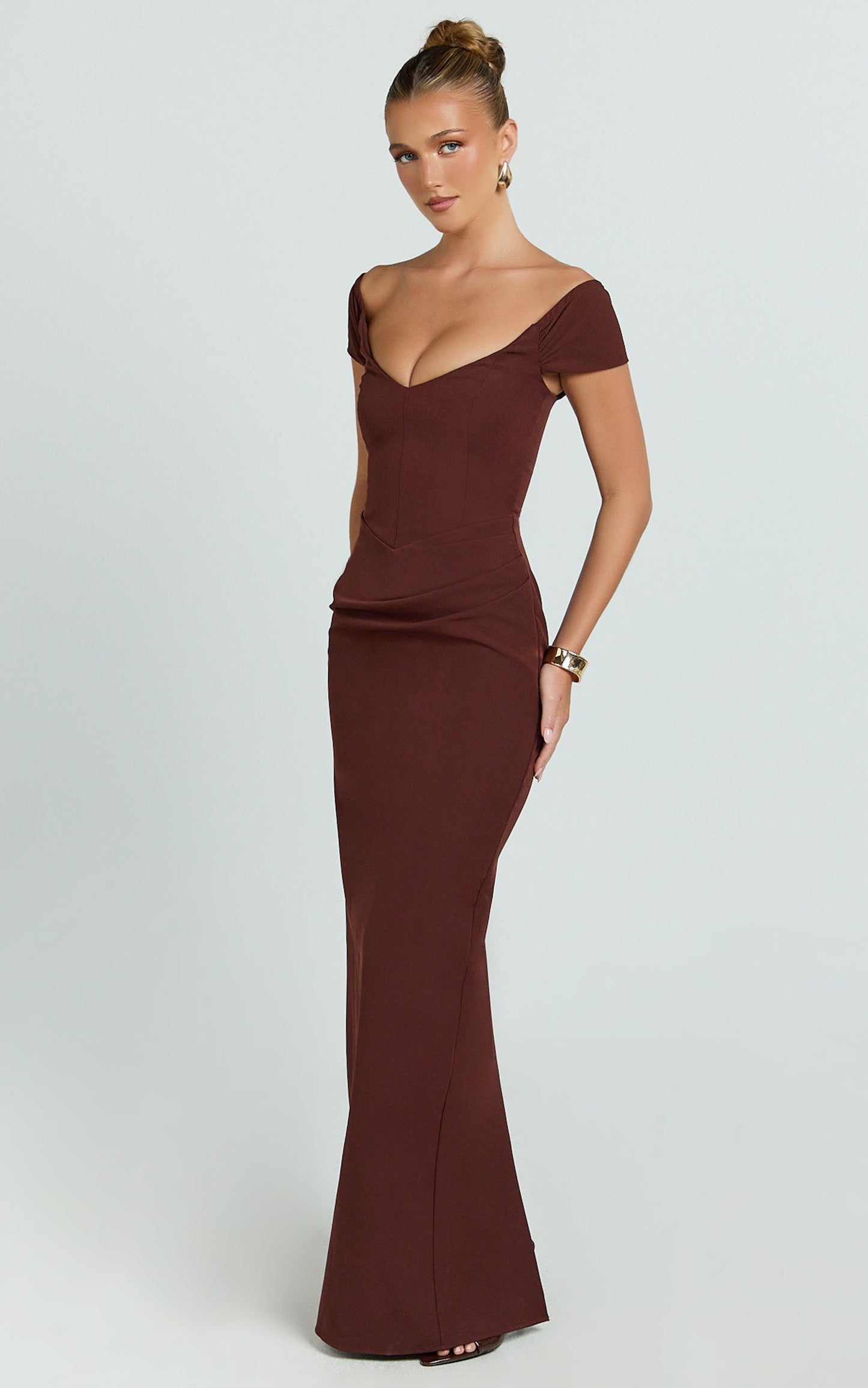 Veronika Maxi Dress - Off Shoulder Plunge High Split Dress in Chocolate