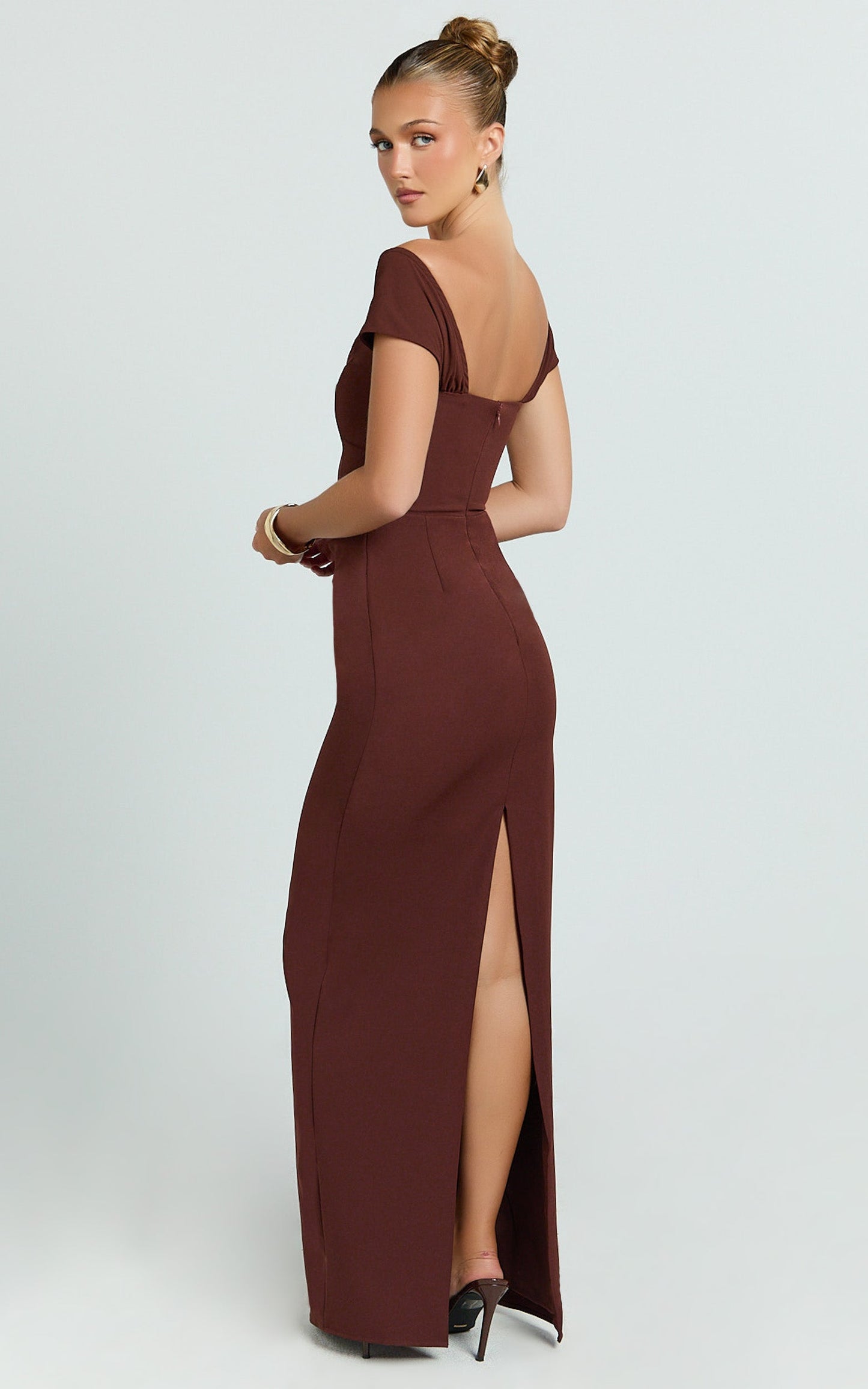 Veronika Maxi Dress - Off Shoulder Plunge High Split Dress in Chocolate