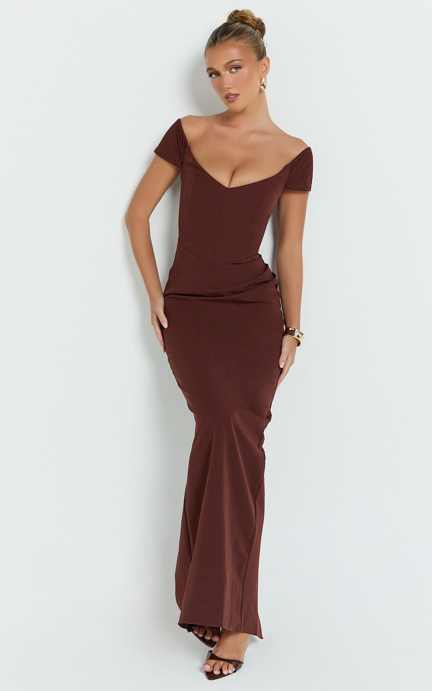 Veronika Maxi Dress - Off Shoulder Plunge High Split Dress in Chocolate