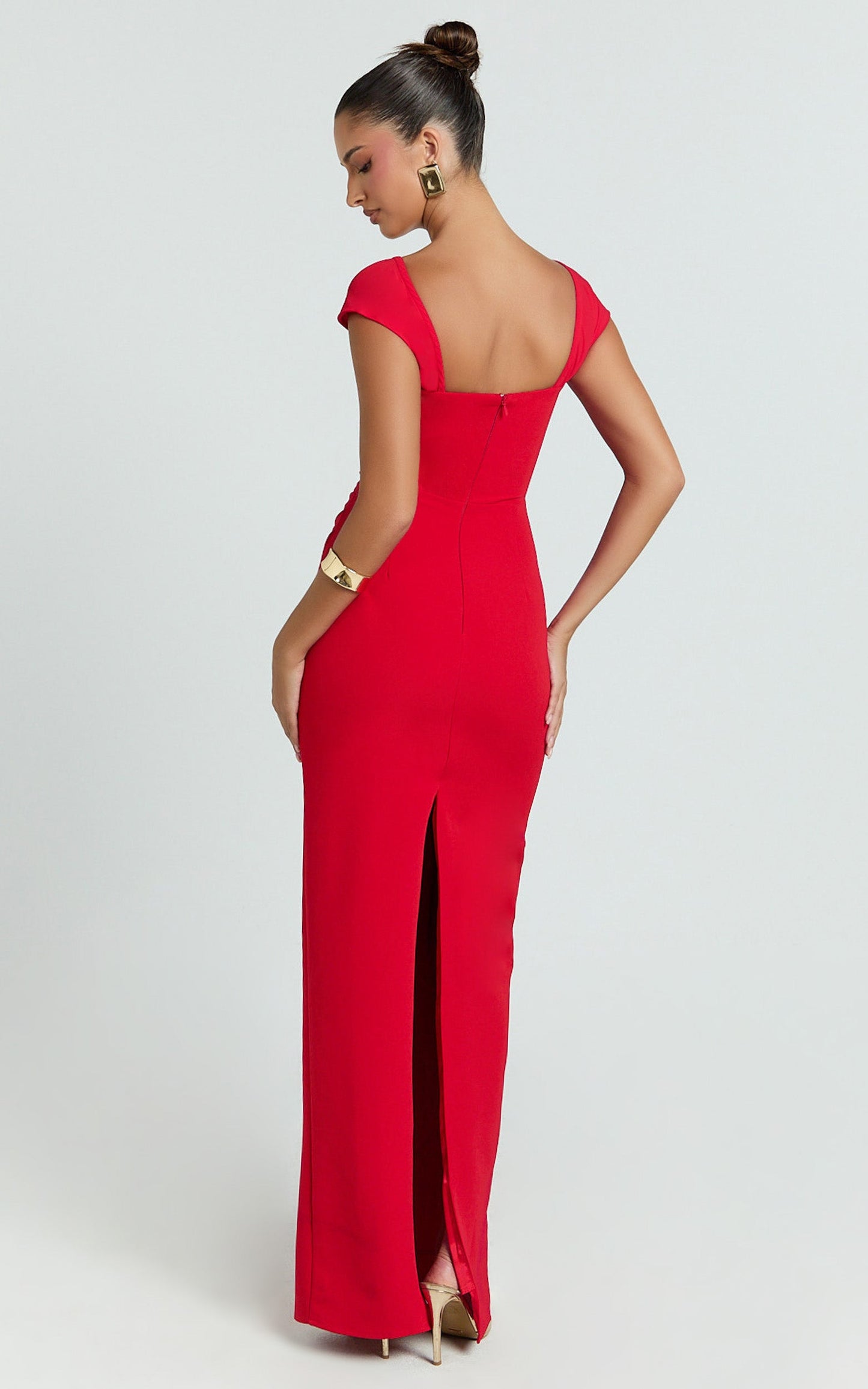 Veronika Maxi Dress - Off Shoulder Plunge High Split Dress in Red