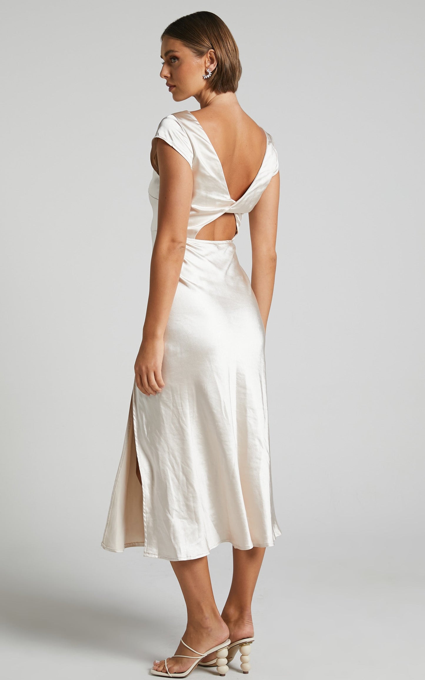 Vesper Midi Dress - Back Cut Out High Neck Satin Dress in Champagne