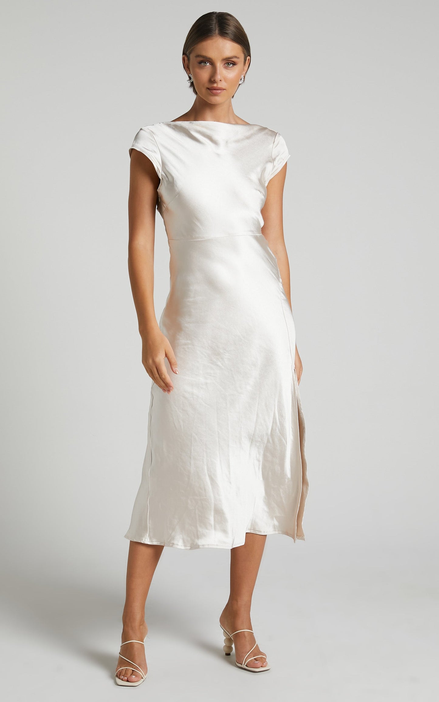 Vesper Midi Dress - Back Cut Out High Neck Satin Dress in Champagne