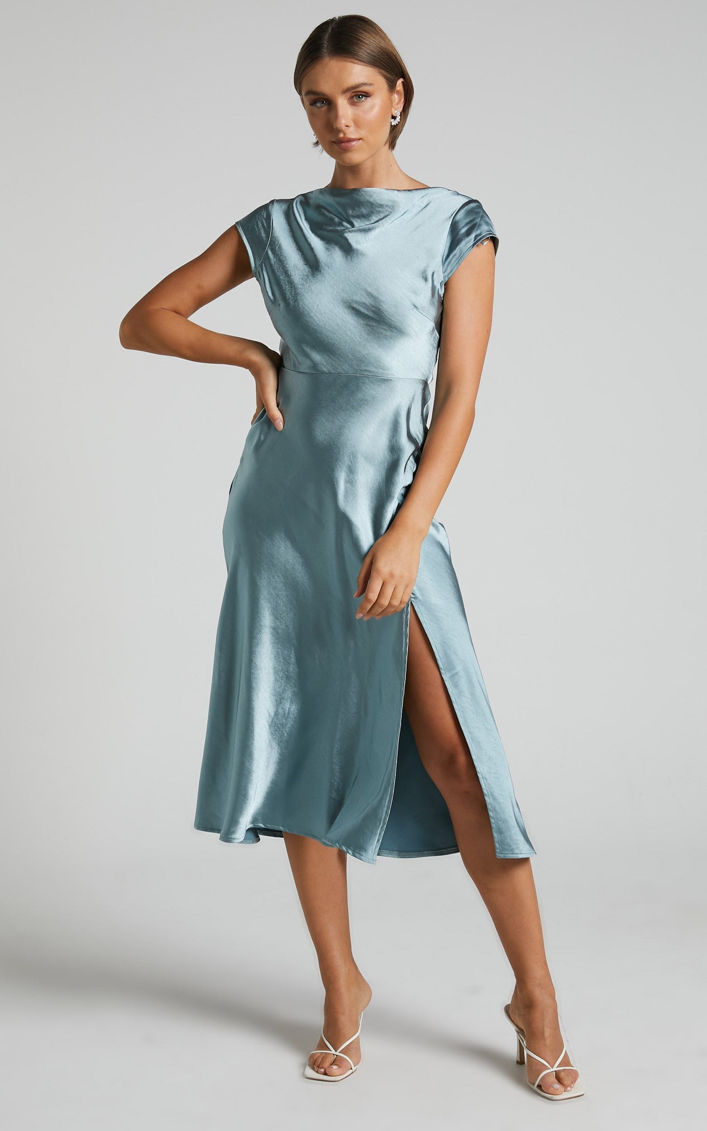 Vesper Midi Dress - Back Cut Out High Neck Satin Dress in Ice Blue