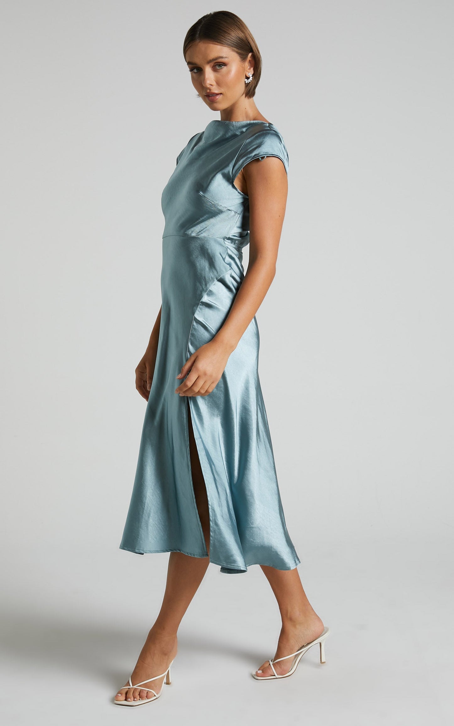 Vesper Midi Dress - Back Cut Out High Neck Satin Dress in Ice Blue