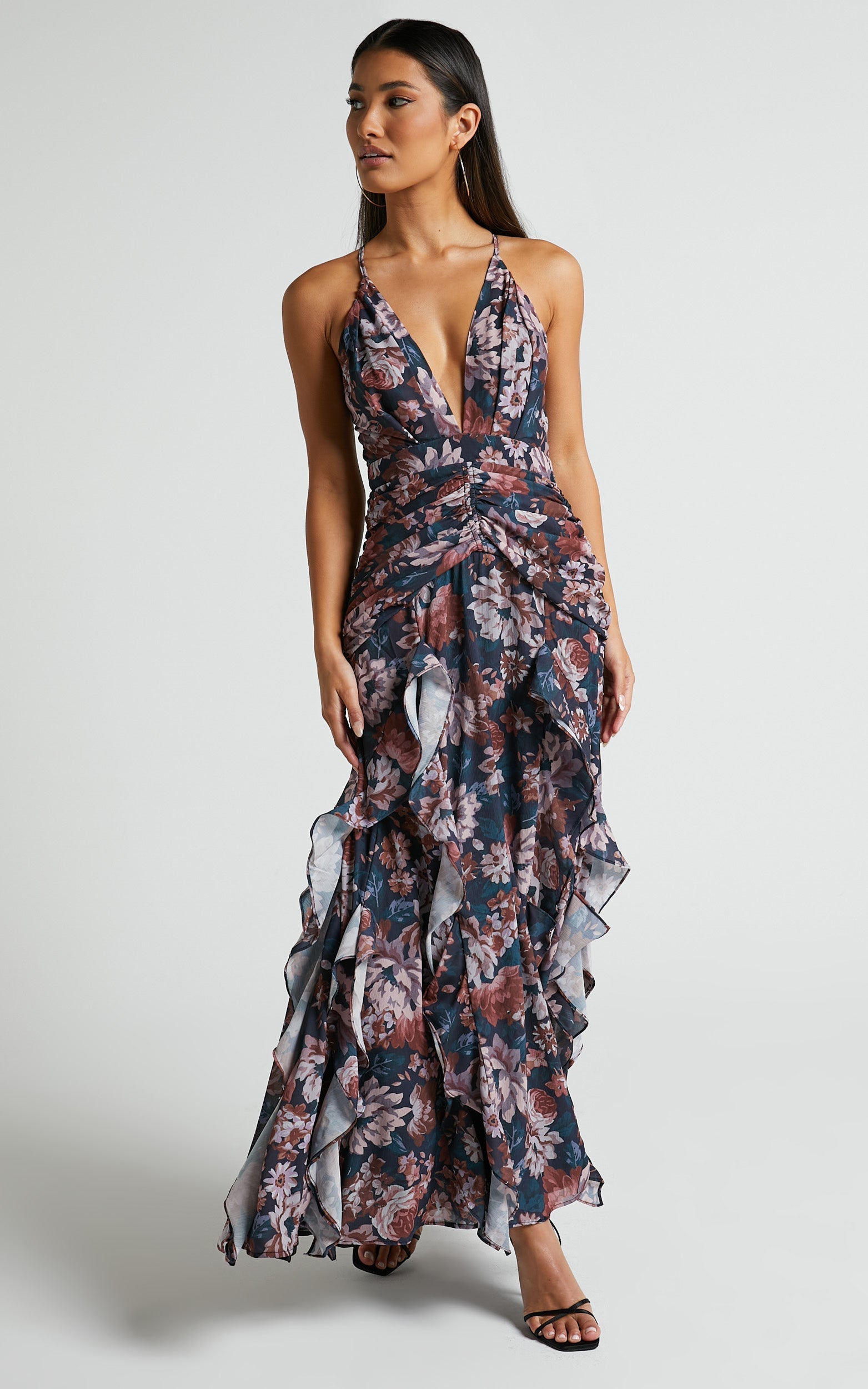 Vhera Midi Dress - Plunge Ruched Waist Dress in Vintage Garden