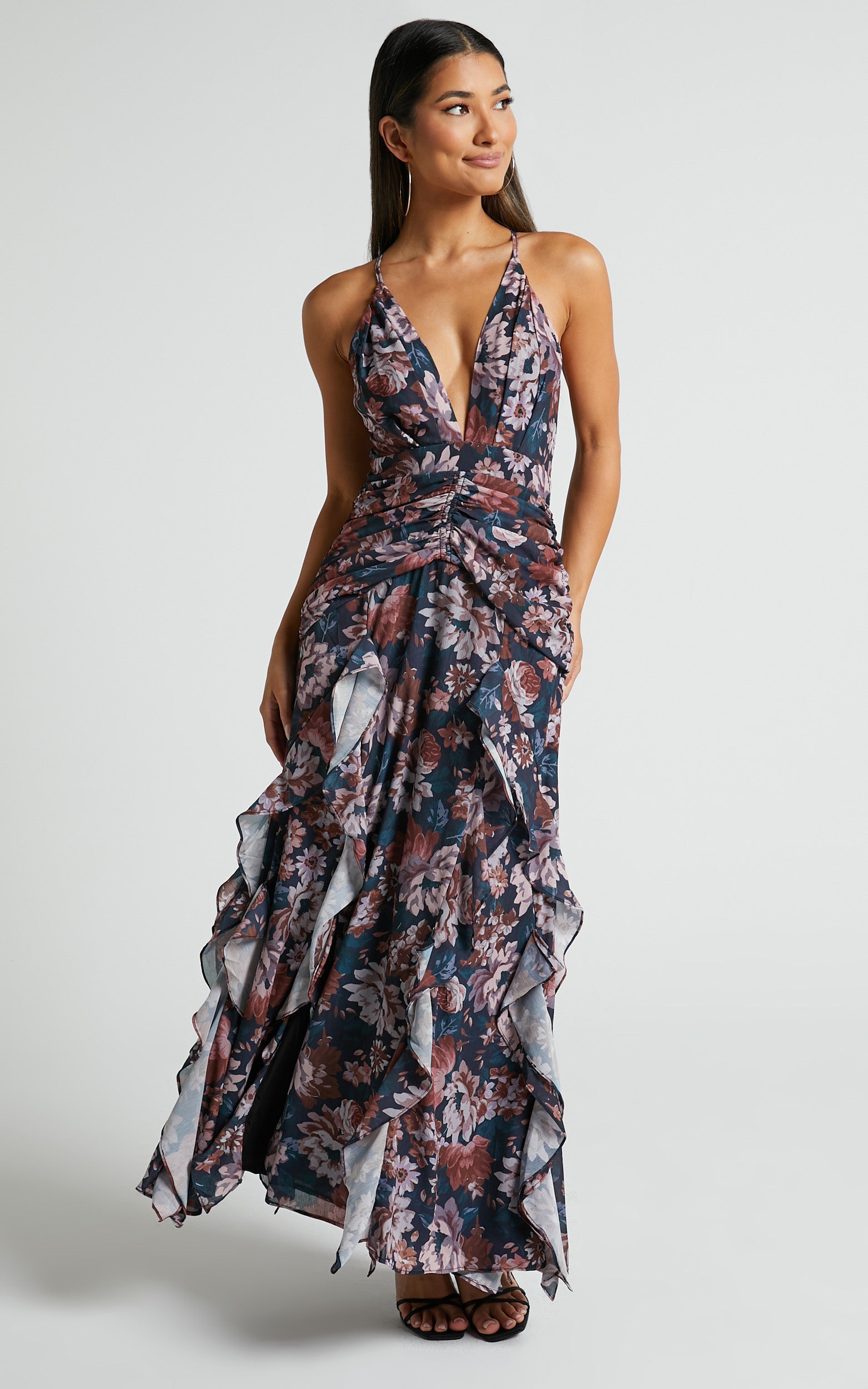 Vhera Midi Dress - Plunge Ruched Waist Dress in Vintage Garden