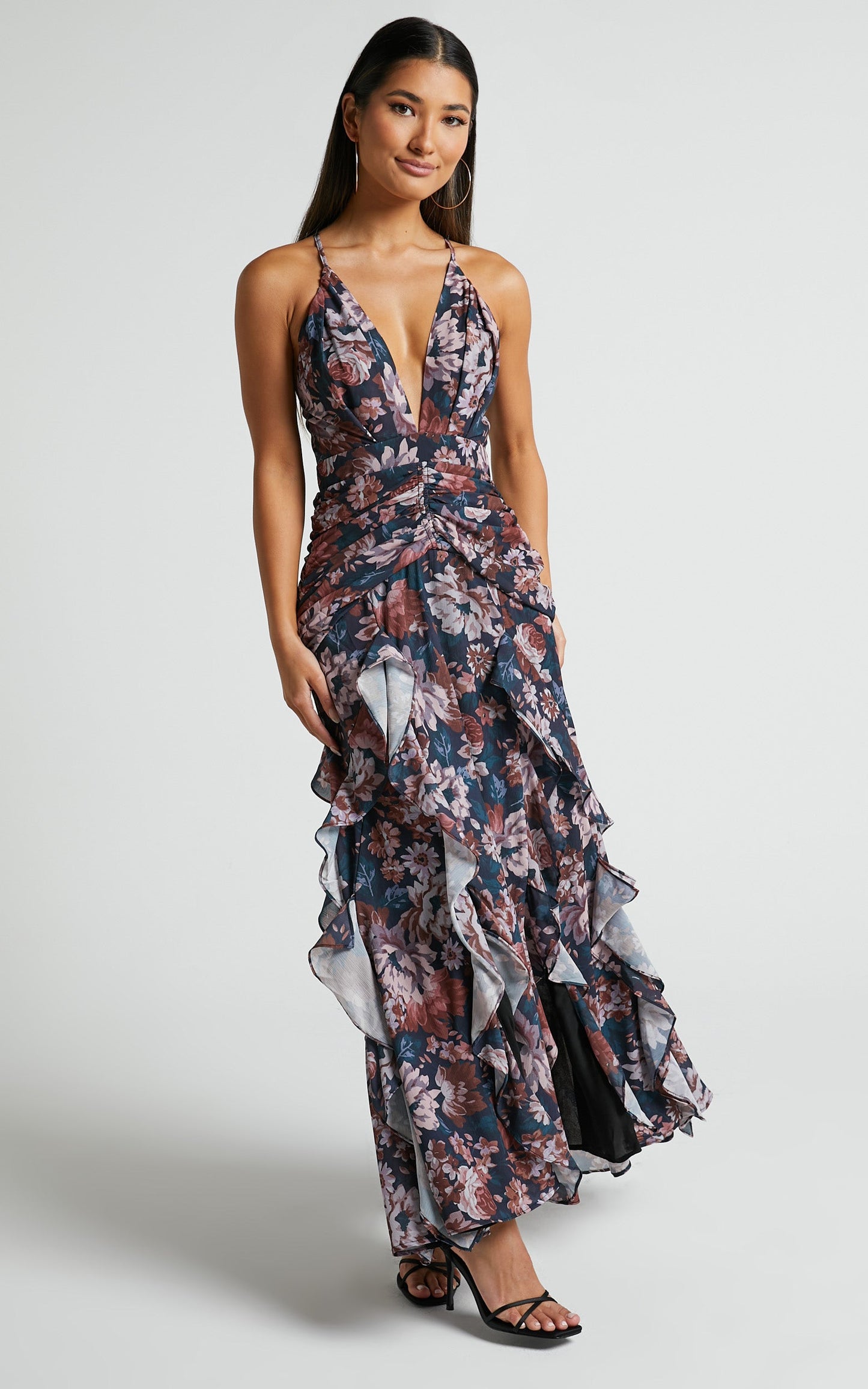 Vhera Midi Dress - Plunge Ruched Waist Dress in Vintage Garden