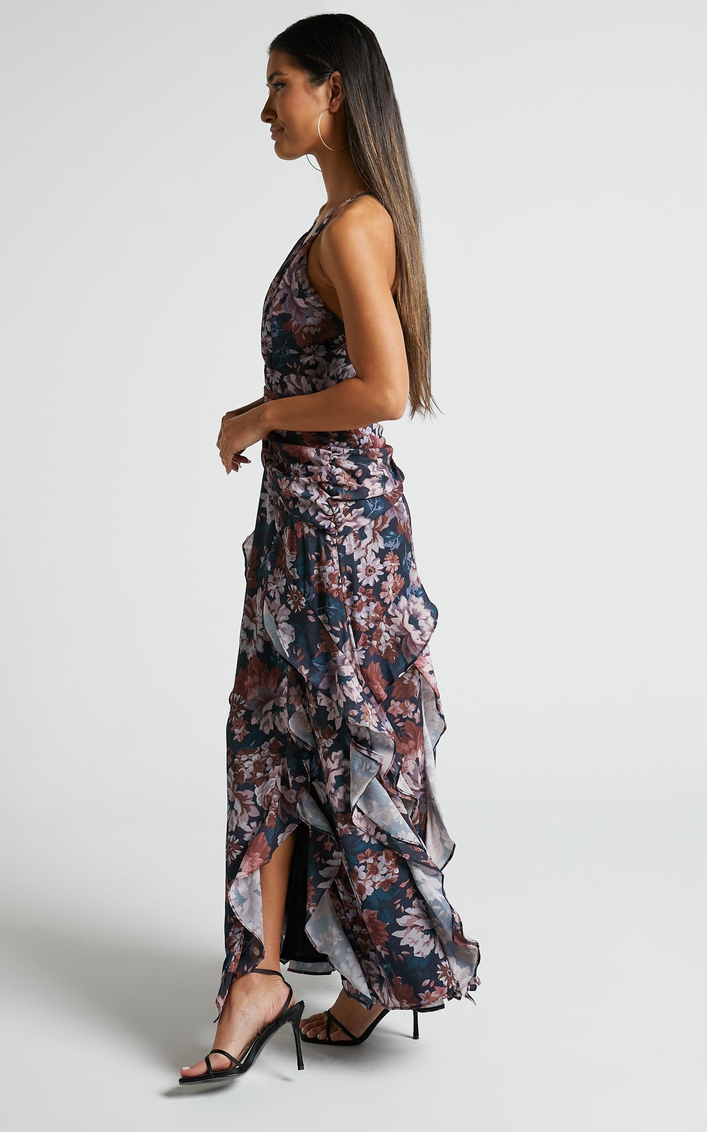 Vhera Midi Dress - Plunge Ruched Waist Dress in Vintage Garden
