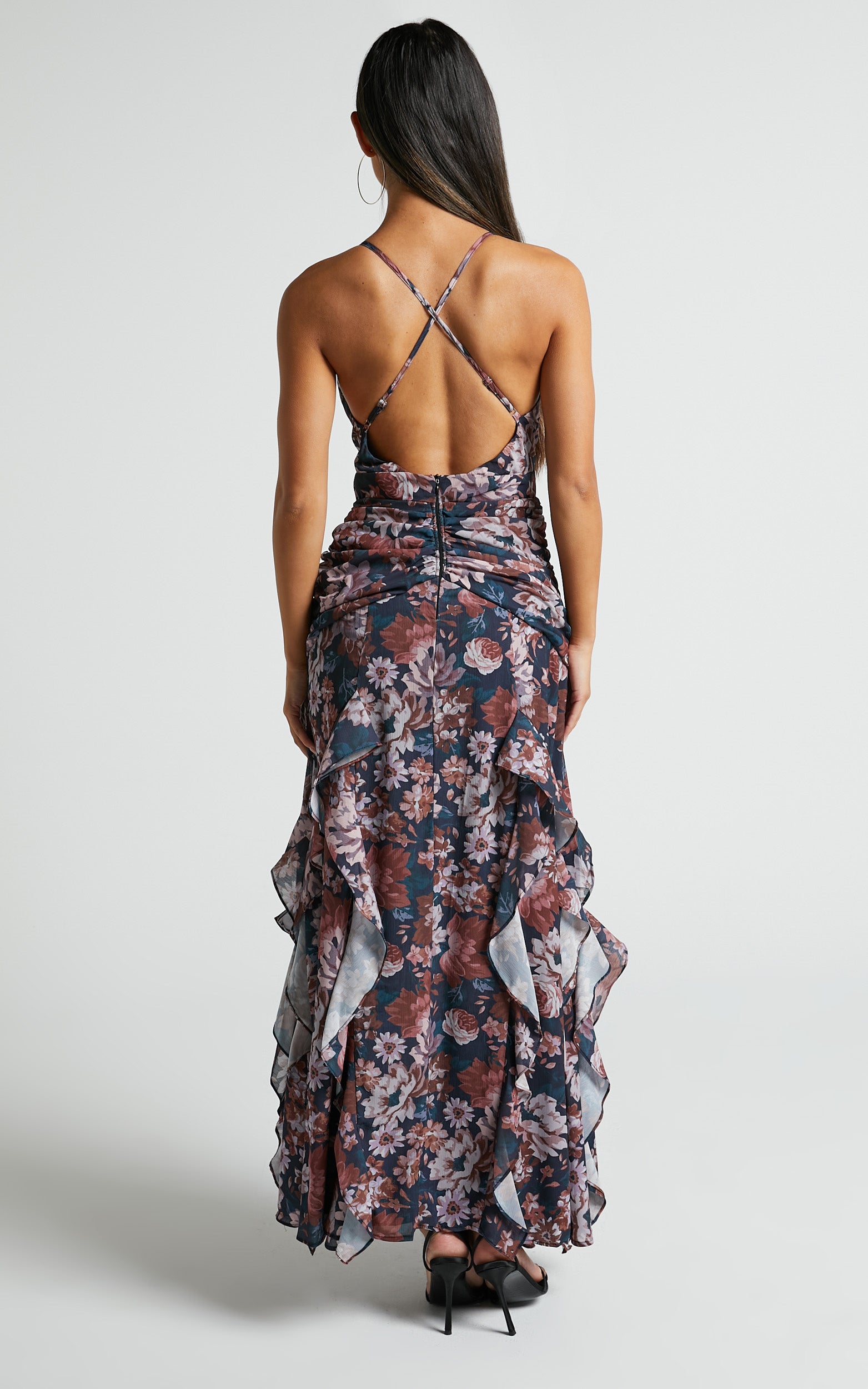 Vhera Midi Dress - Plunge Ruched Waist Dress in Vintage Garden
