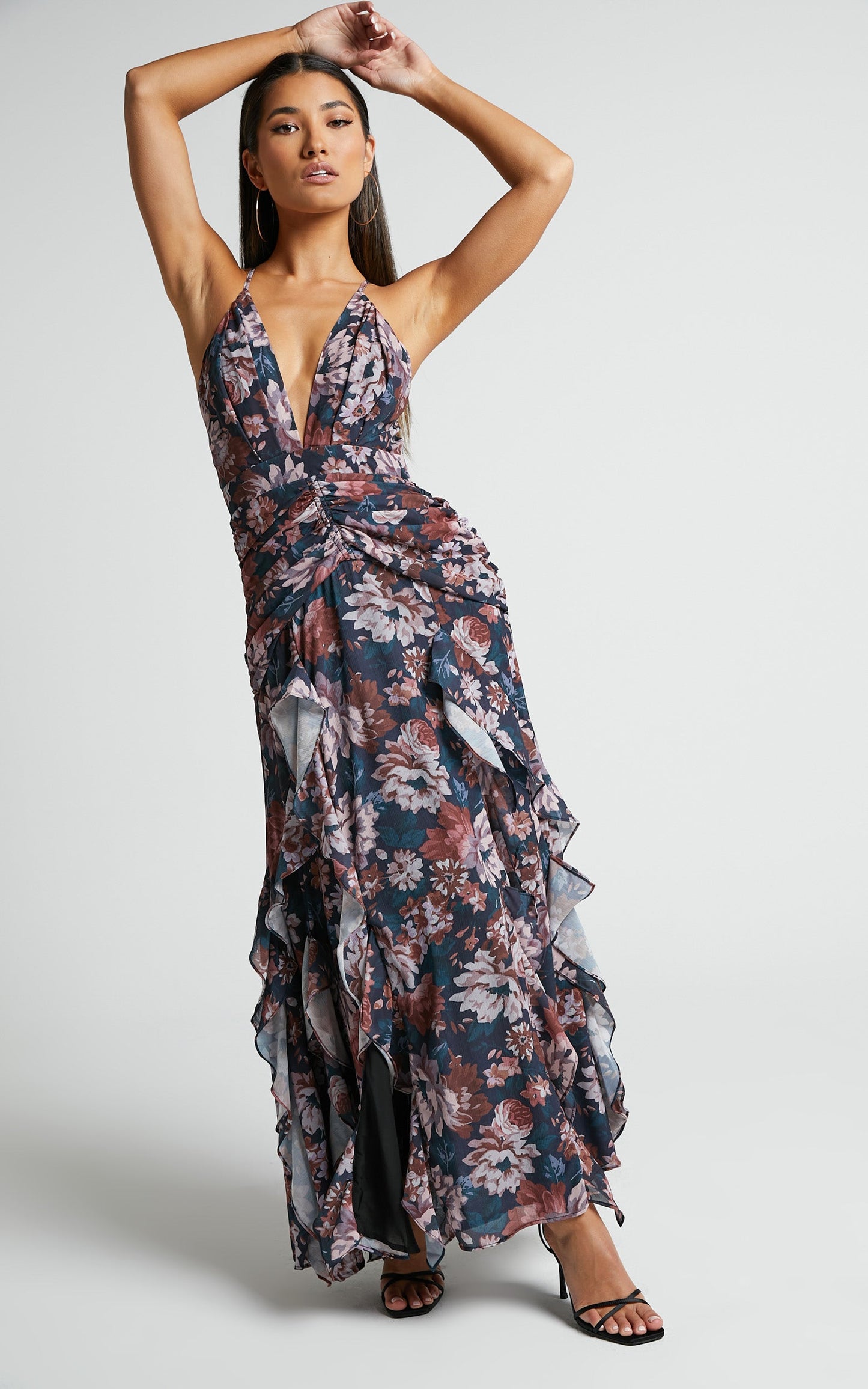 Vhera Midi Dress - Plunge Ruched Waist Dress in Vintage Garden