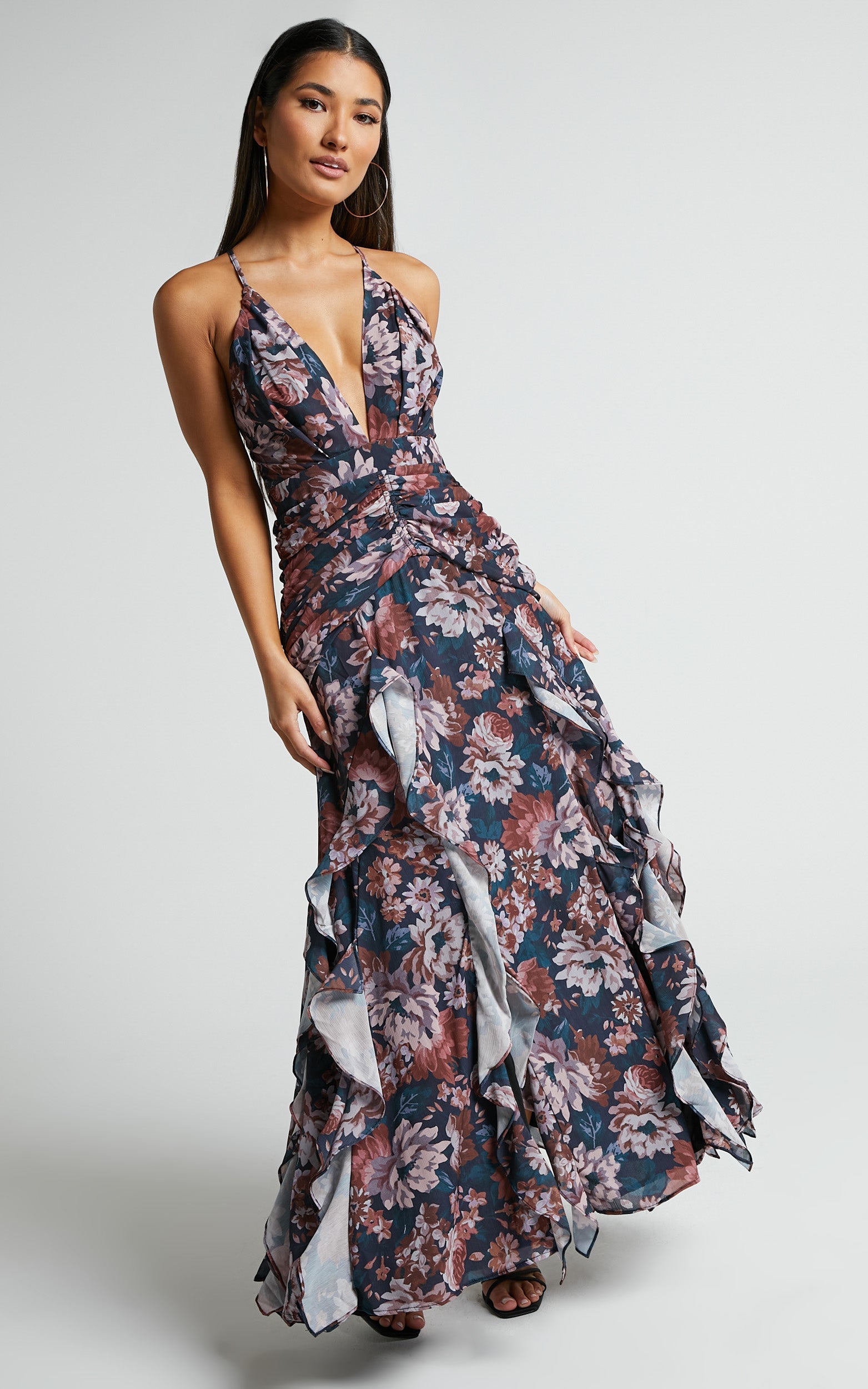 Vhera Midi Dress - Plunge Ruched Waist Dress in Vintage Garden
