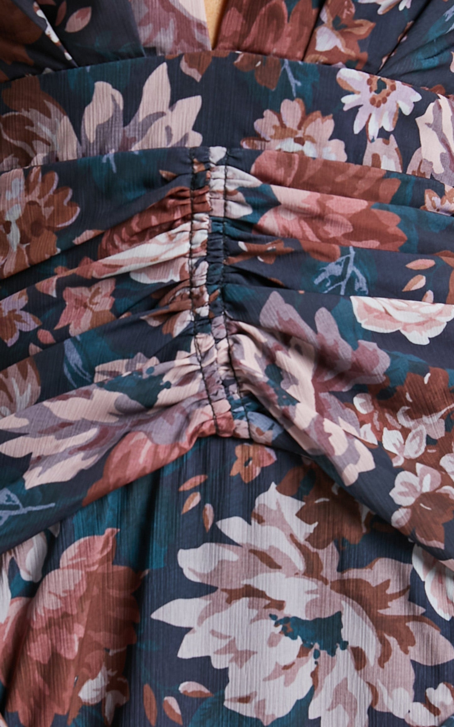 Vhera Midi Dress - Plunge Ruched Waist Dress in Vintage Garden