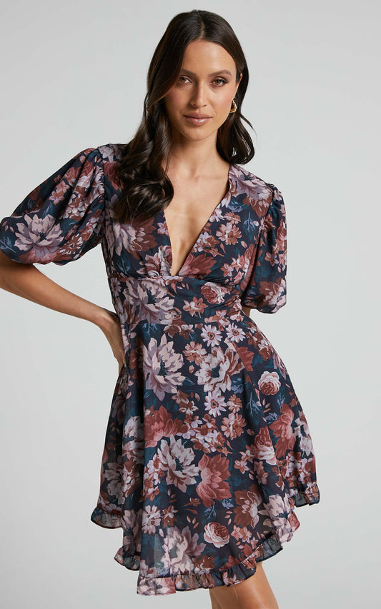 Vhera Mini Dress - Short Puff Sleeve Dress in Vintage Garden