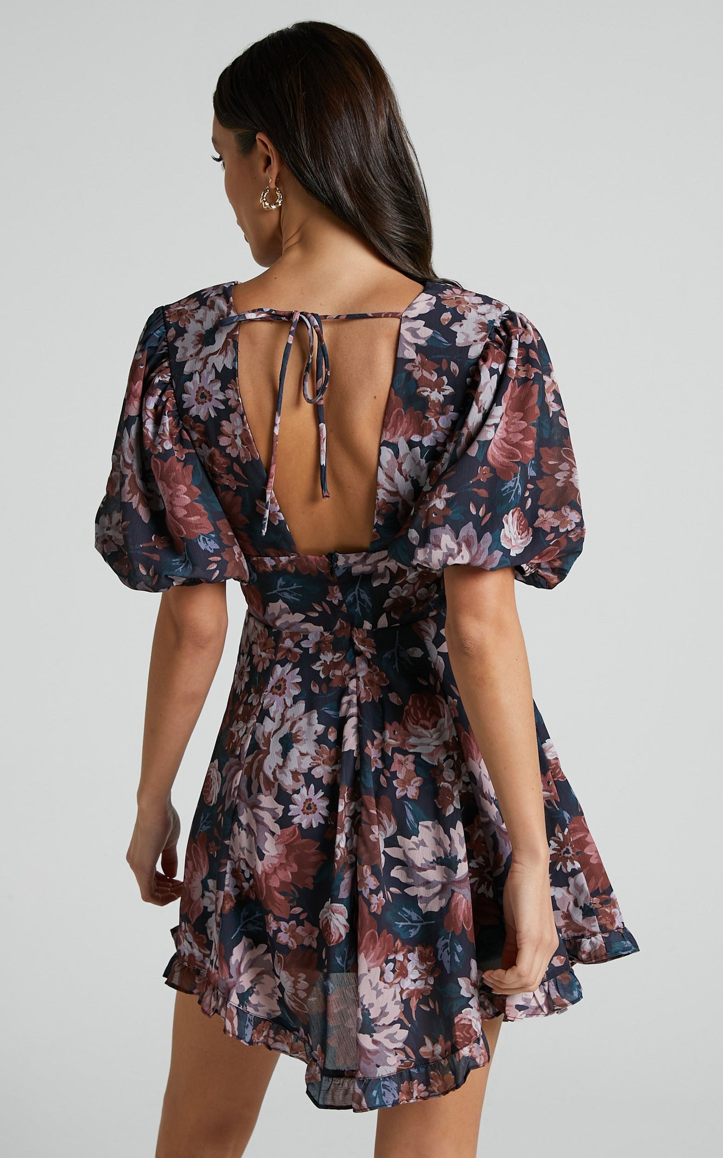 Vhera Mini Dress - Short Puff Sleeve Dress in Vintage Garden