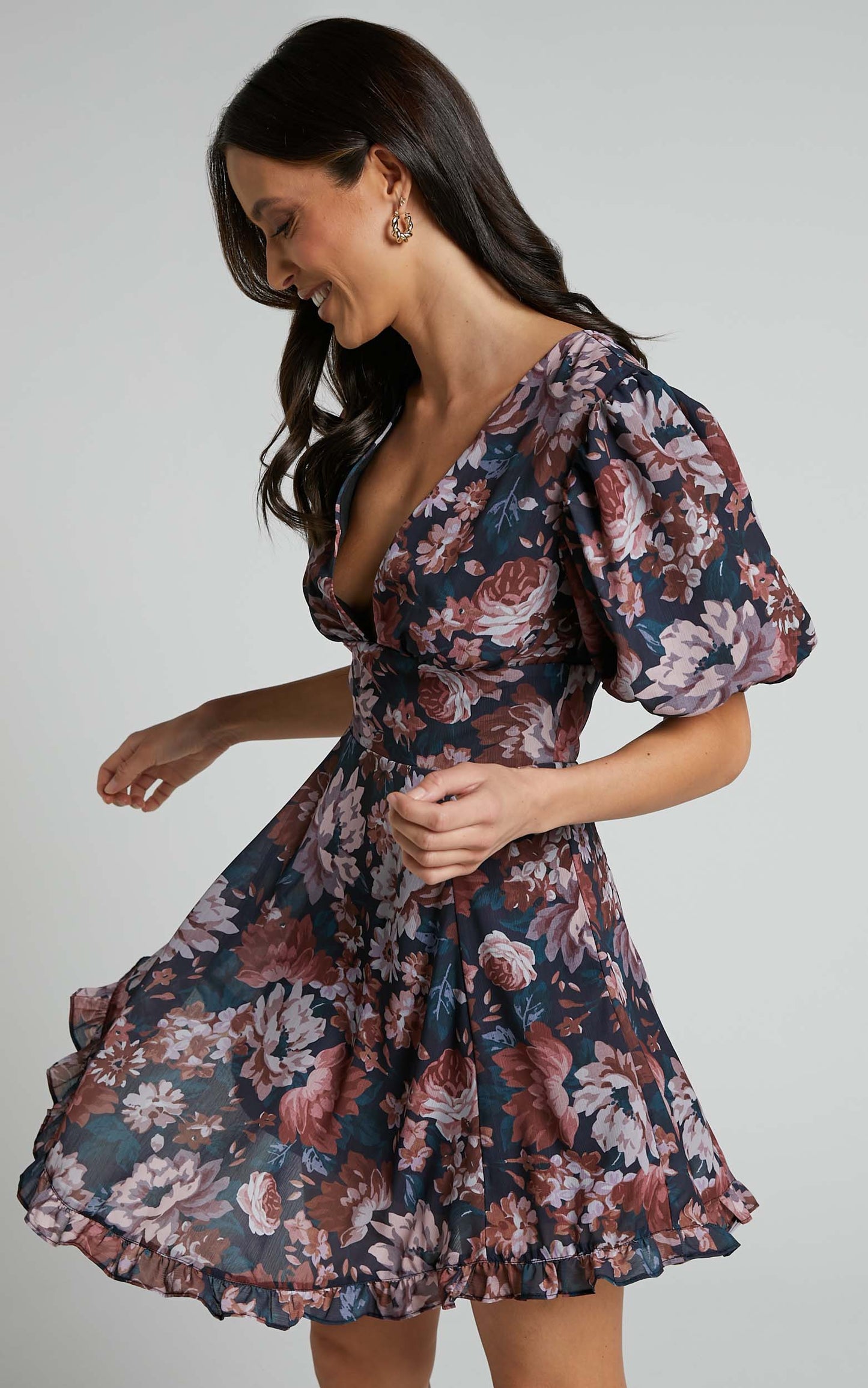 Vhera Mini Dress - Short Puff Sleeve Dress in Vintage Garden