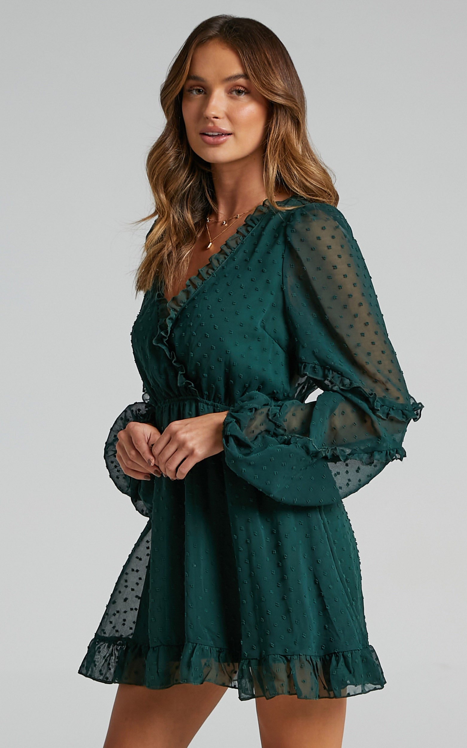Sancha Mini Dress - Long Sleeve Frill Dress in Emerald