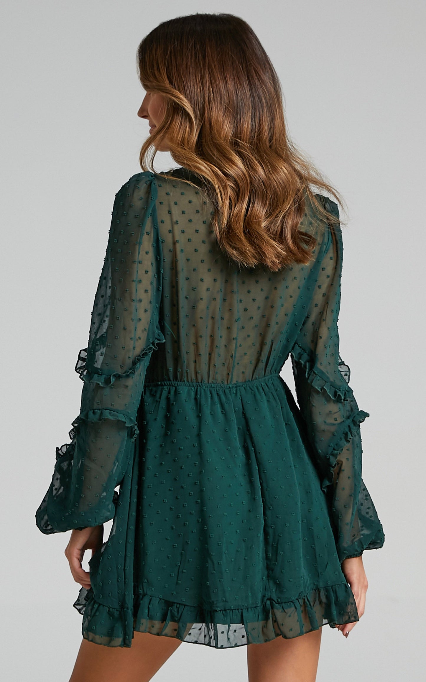 Sancha Mini Dress - Long Sleeve Frill Dress in Emerald