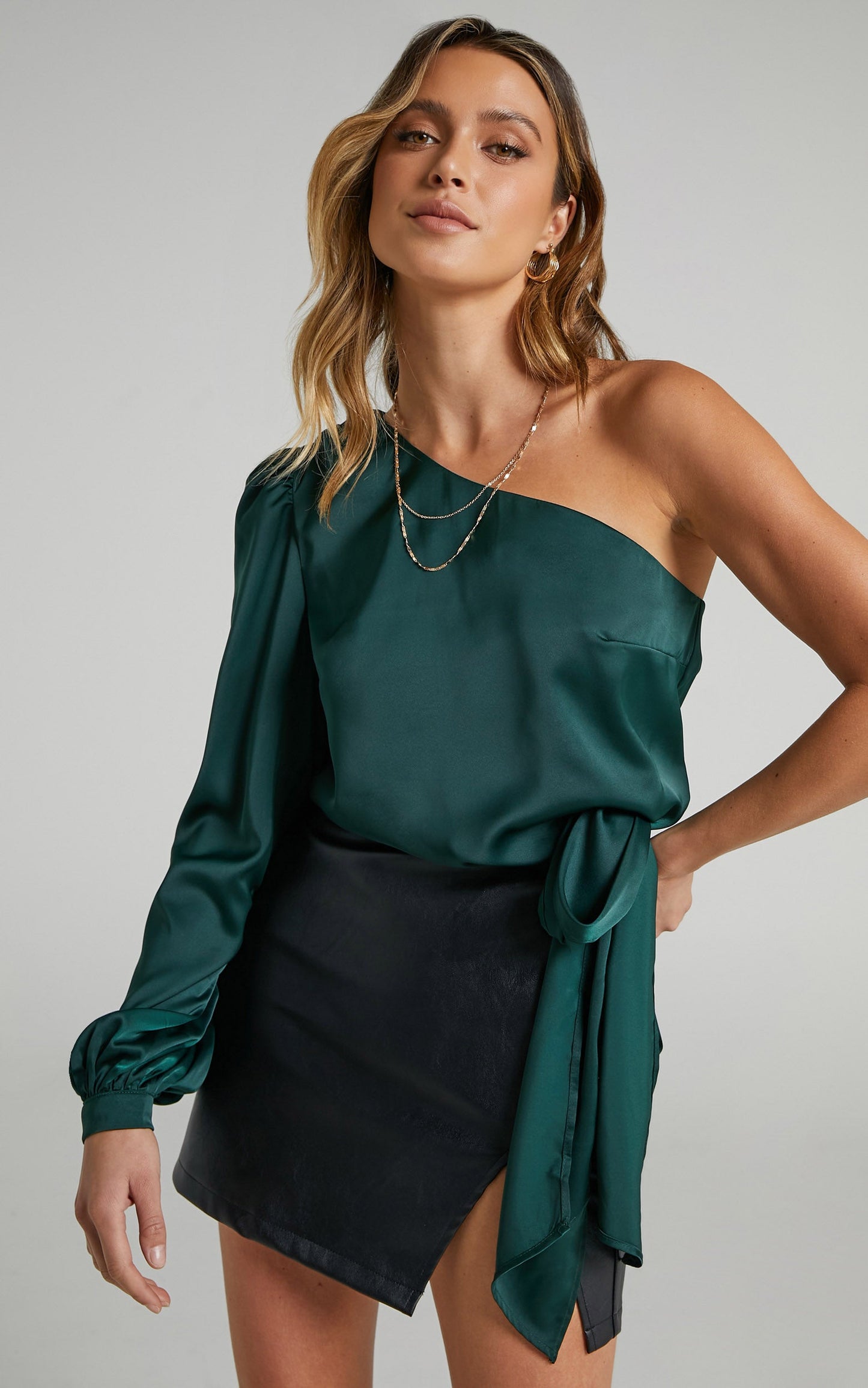 Vickie Top - One Shoulder Tie Front Top in Emerald