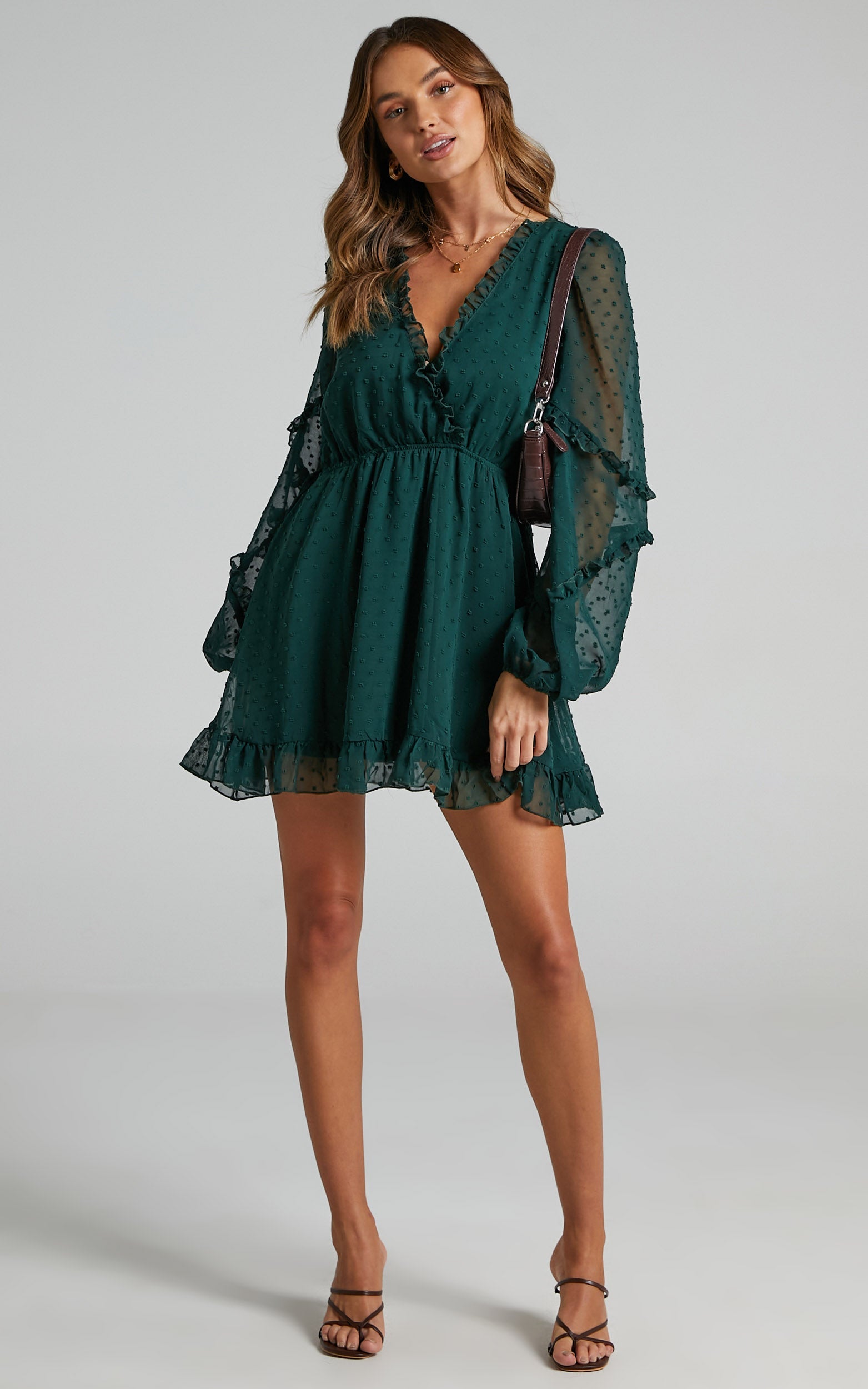 Sancha Mini Dress - Long Sleeve Frill Dress in Emerald