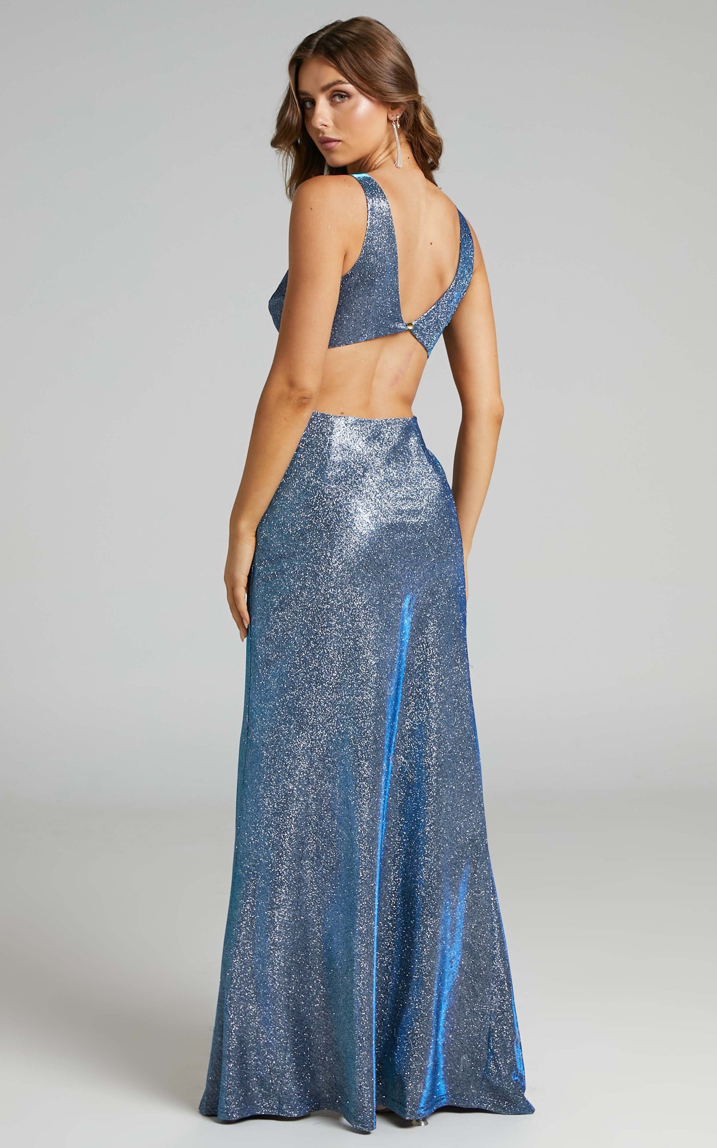 Victina Cut Out Glitter Maxi Dress in Steel Blue