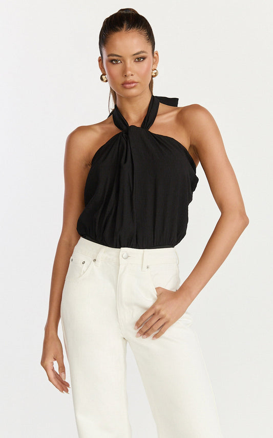 Victoria Bodysuit - Linen Look Tie Knot Halterneck Bodysuit in Black