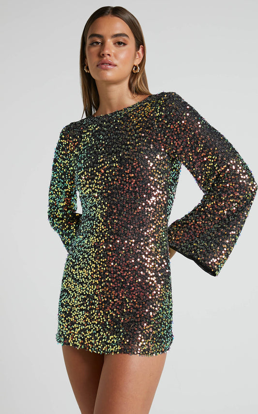 Victoria Mini Dress - Flare Sleeve Open Back Dress in Rainbow Sequin