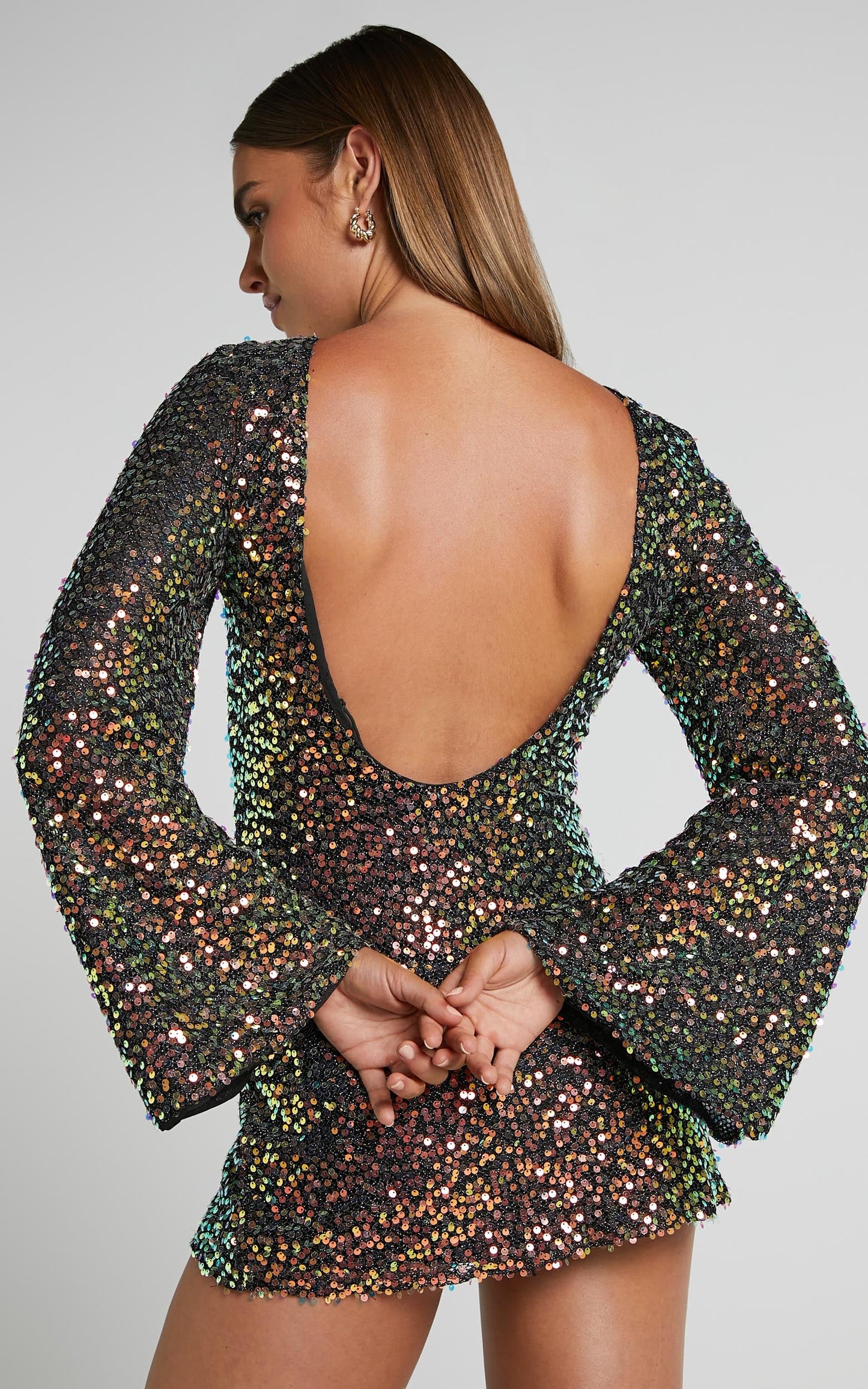 Victoria Mini Dress - Flare Sleeve Open Back Dress in Rainbow Sequin