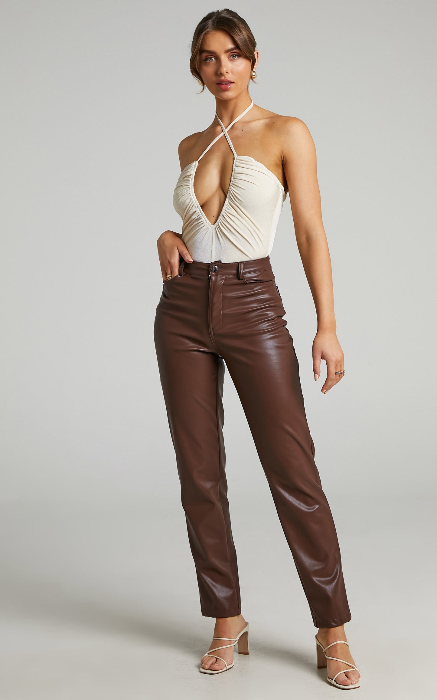 Victorie Plunge Neck Ruched Bodysuit in Cream