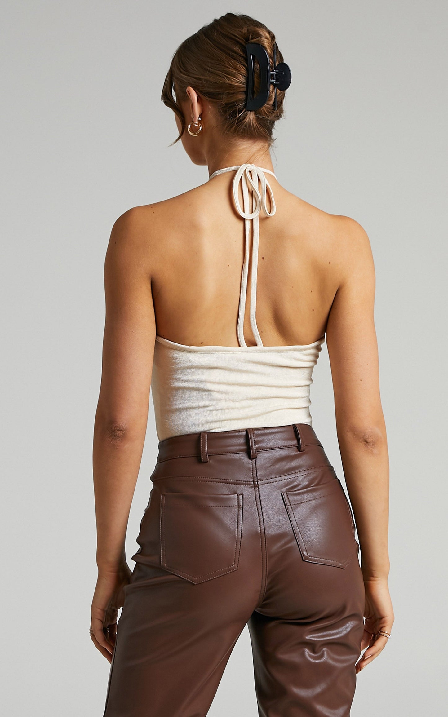Victorie Plunge Neck Ruched Bodysuit in Cream