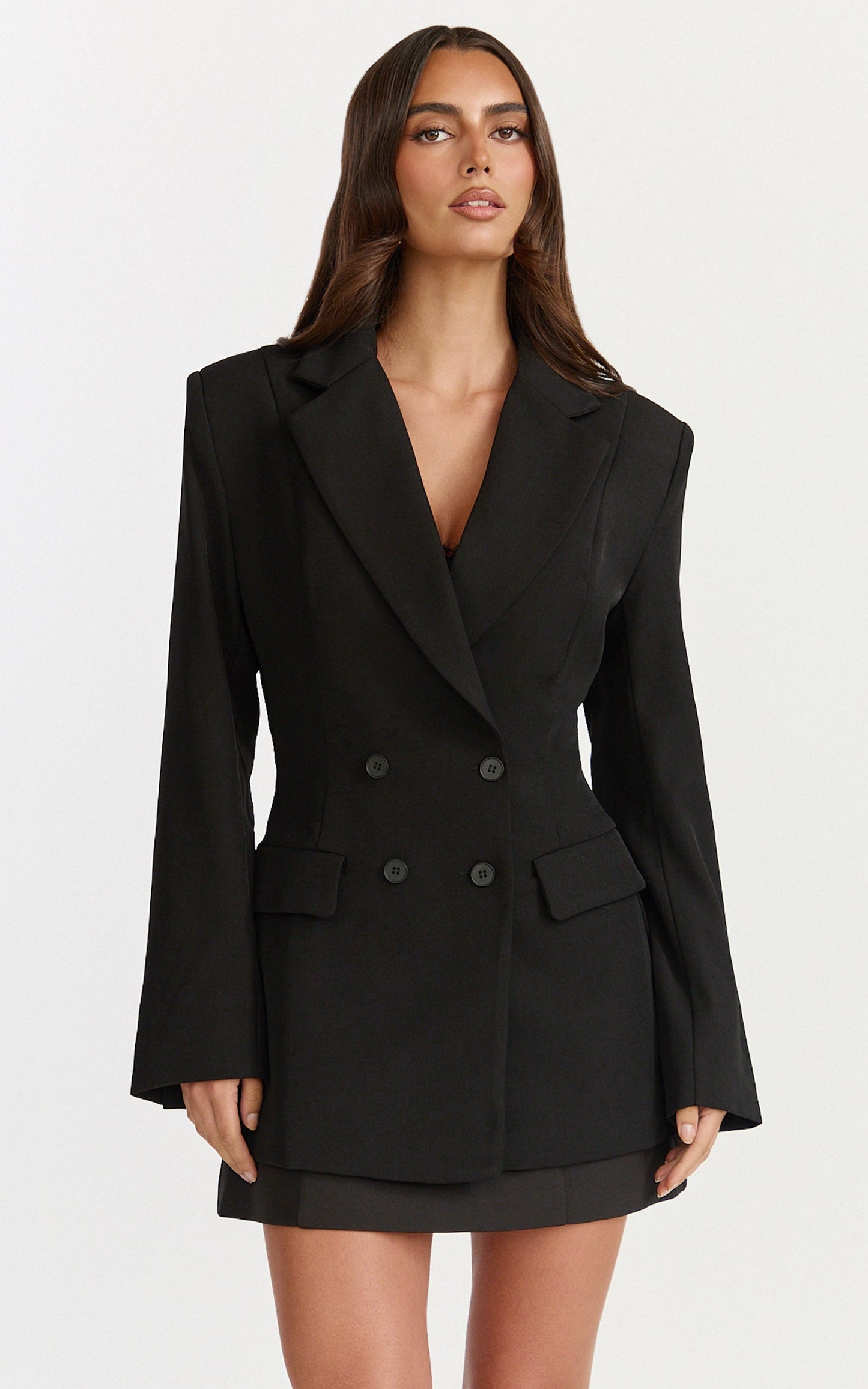 Vienna Blazer - Extended Shoulder Double Breasted Back Tie Blazer in Black