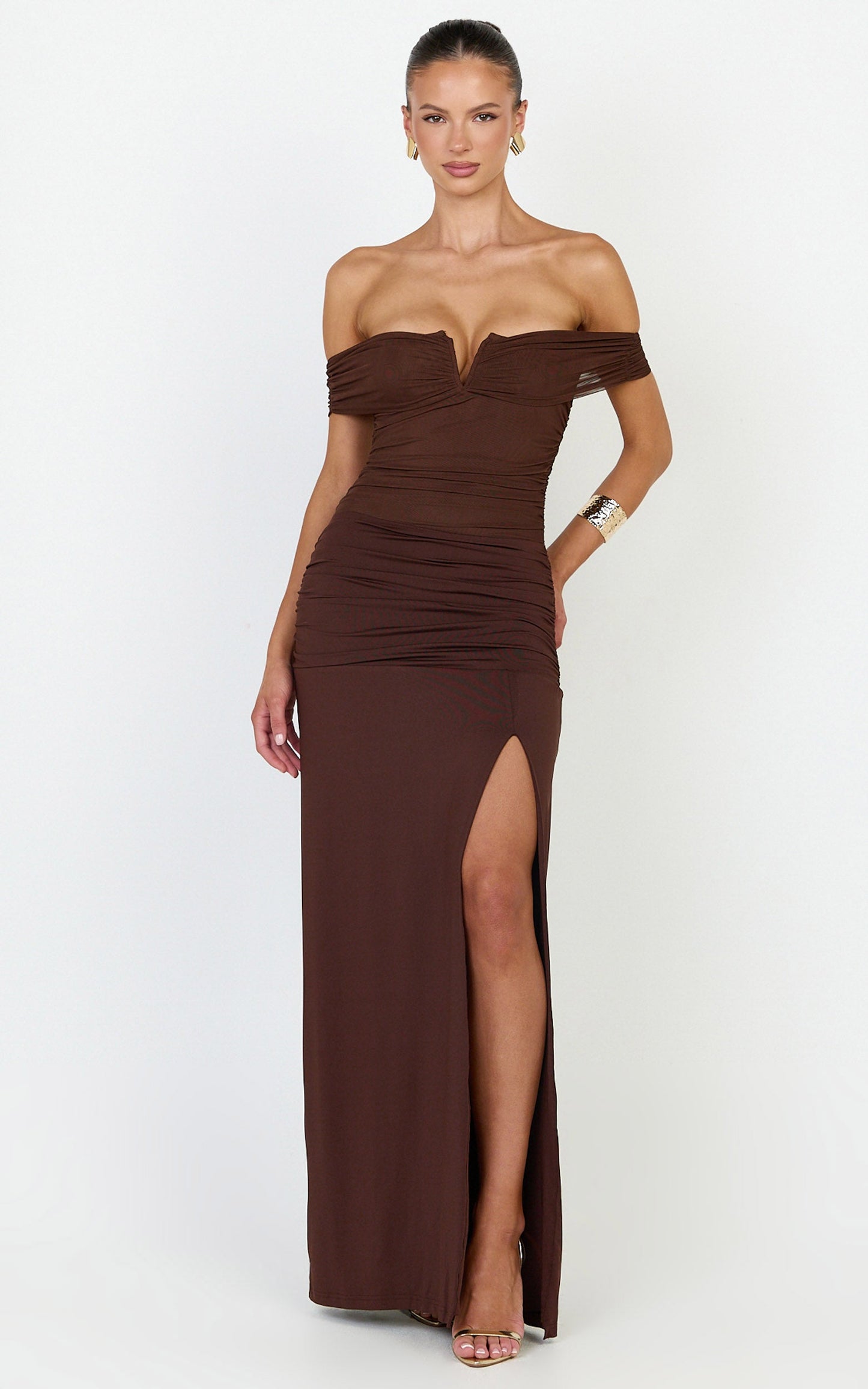 Vienna Maxi Dress - Off Shoulder Gathered Bodice Dress in Chocolate