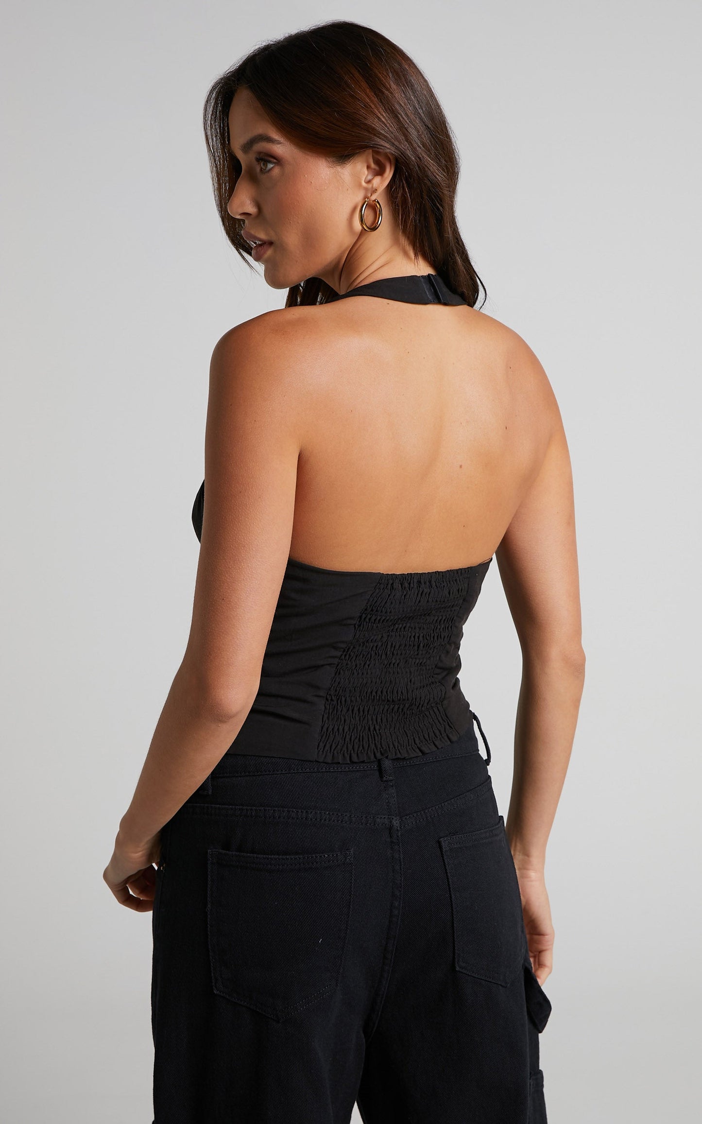 Villanie Halter Neck Vest - Shirred Back Halter Top in Black