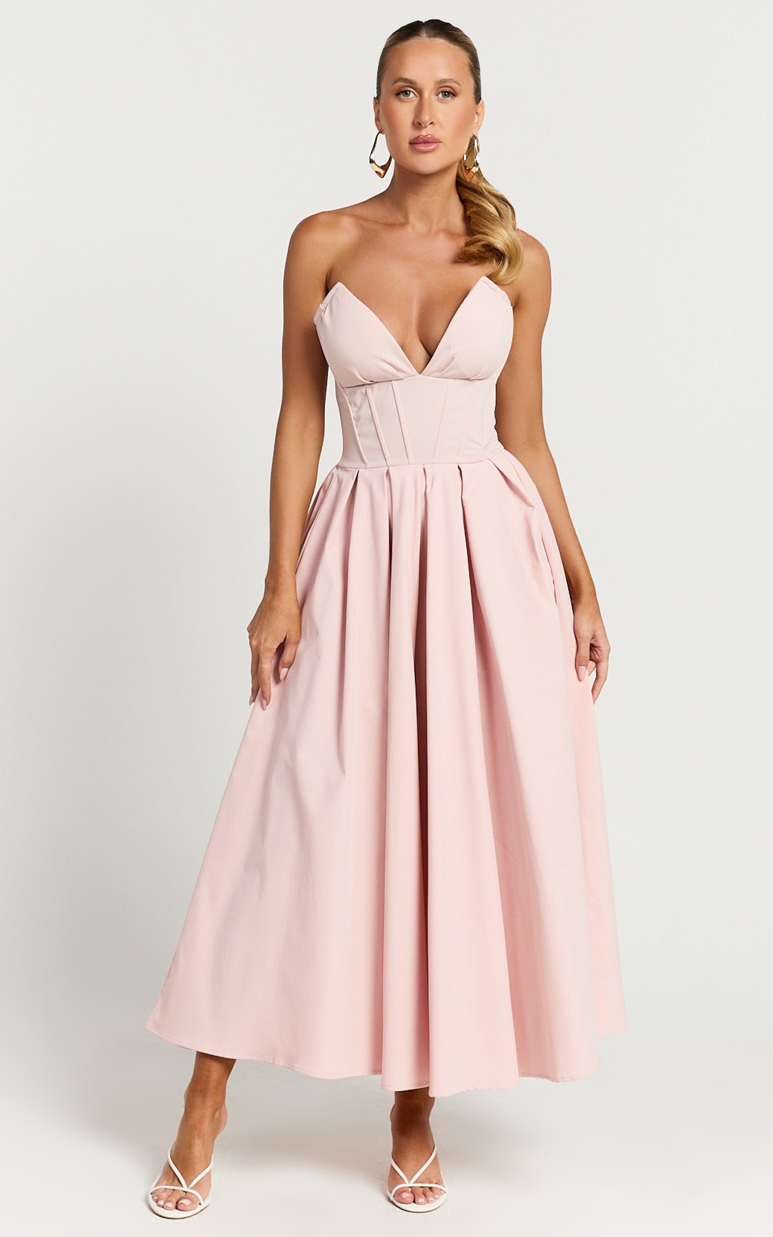 Vilma Midi Dress - Strapless V Neck Fit and Flare Dress in Pink