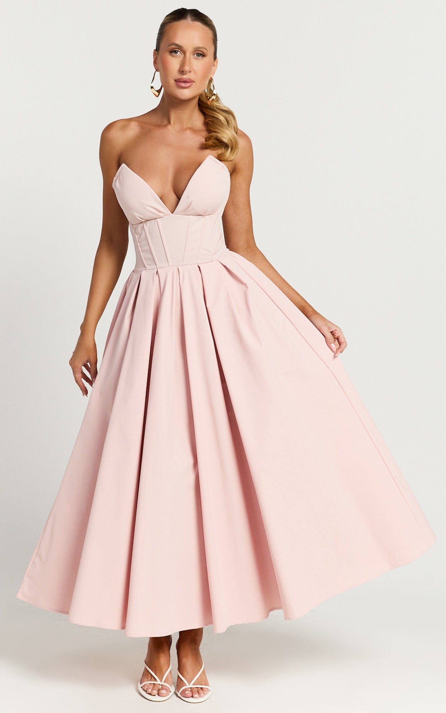 Vilma Midi Dress - Strapless V Neck Fit and Flare Dress in Pink