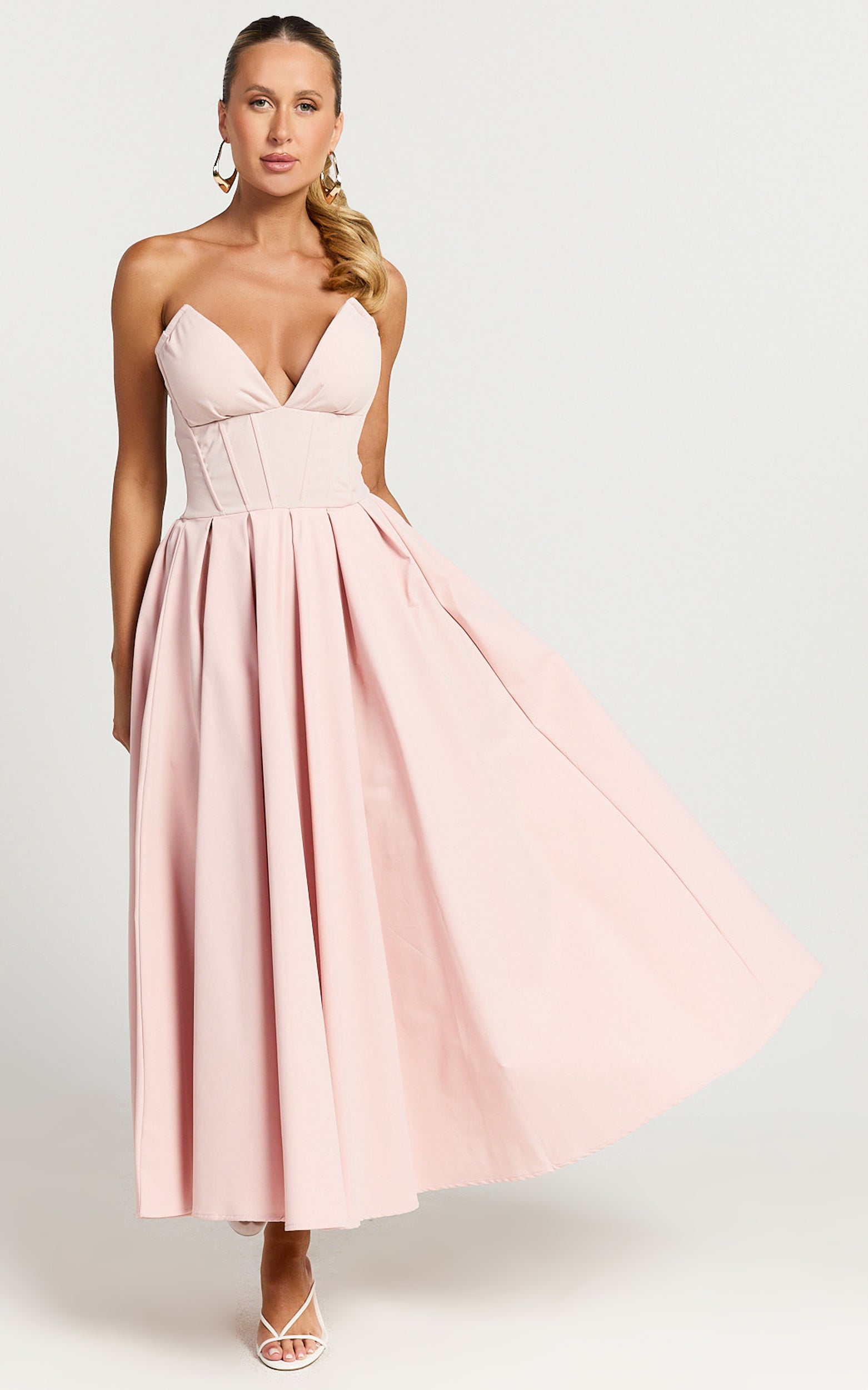 Vilma Midi Dress - Strapless V Neck Fit and Flare Dress in Pink