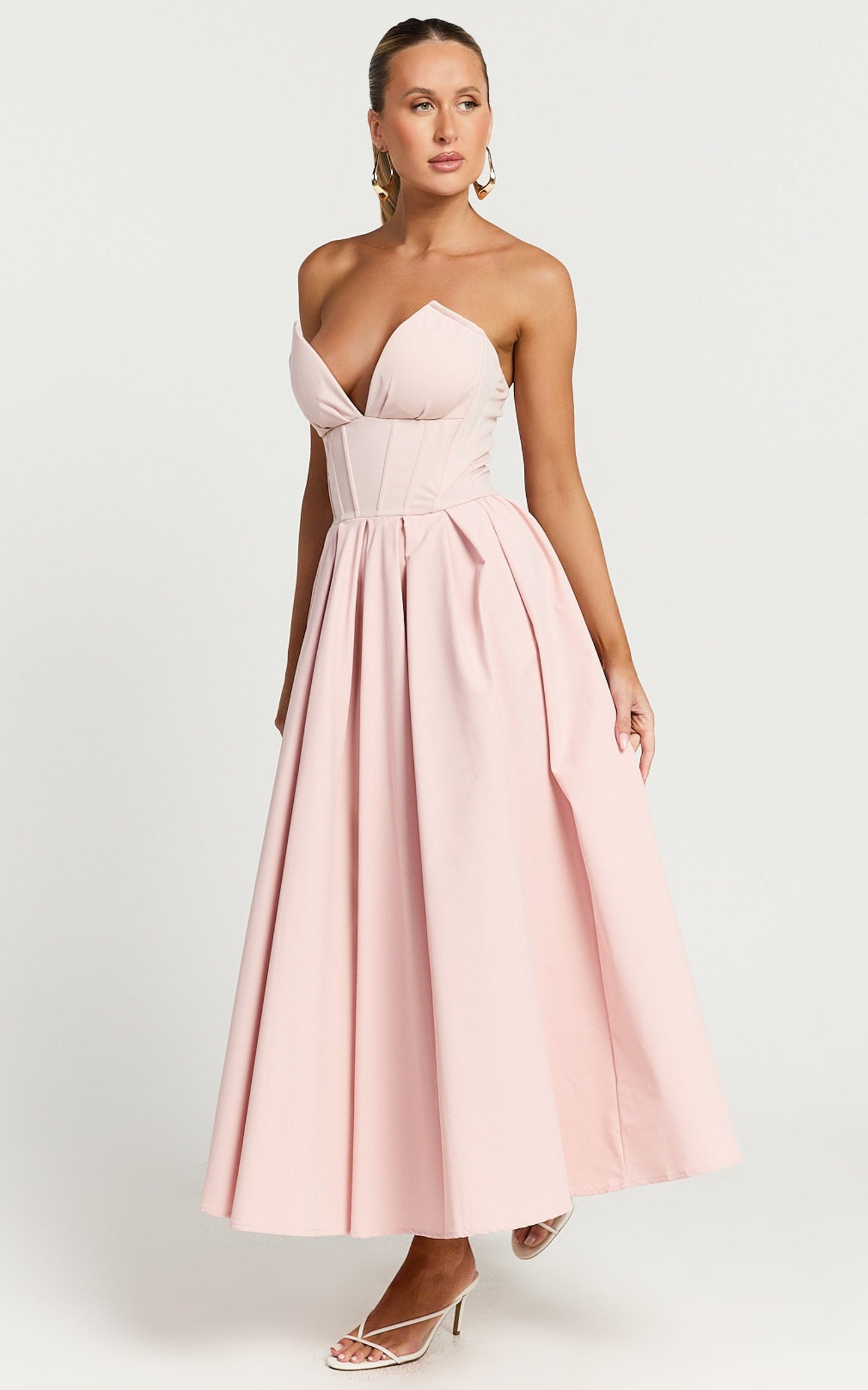 Vilma Midi Dress - Strapless V Neck Fit and Flare Dress in Pink