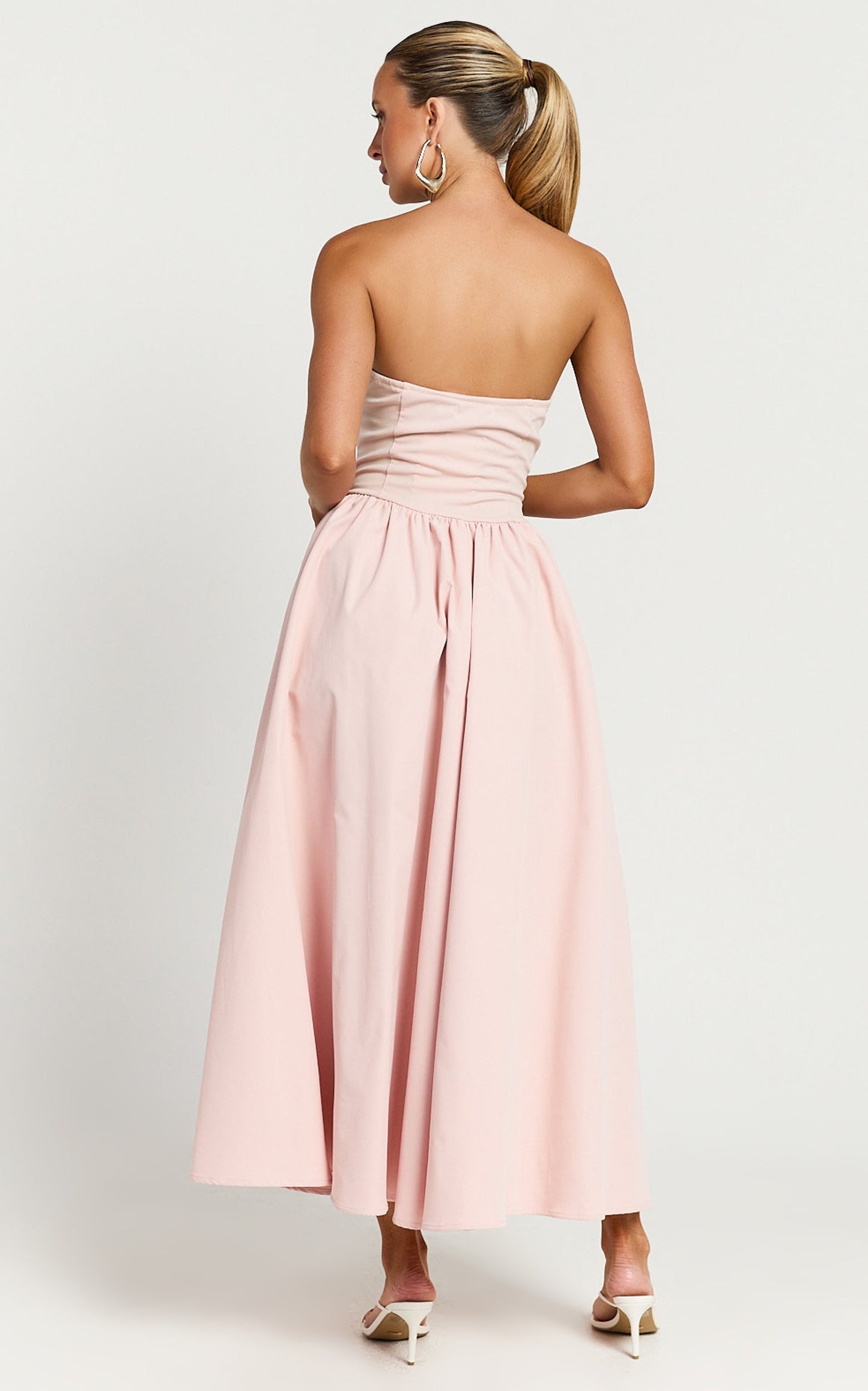 Vilma Midi Dress - Strapless V Neck Fit and Flare Dress in Pink
