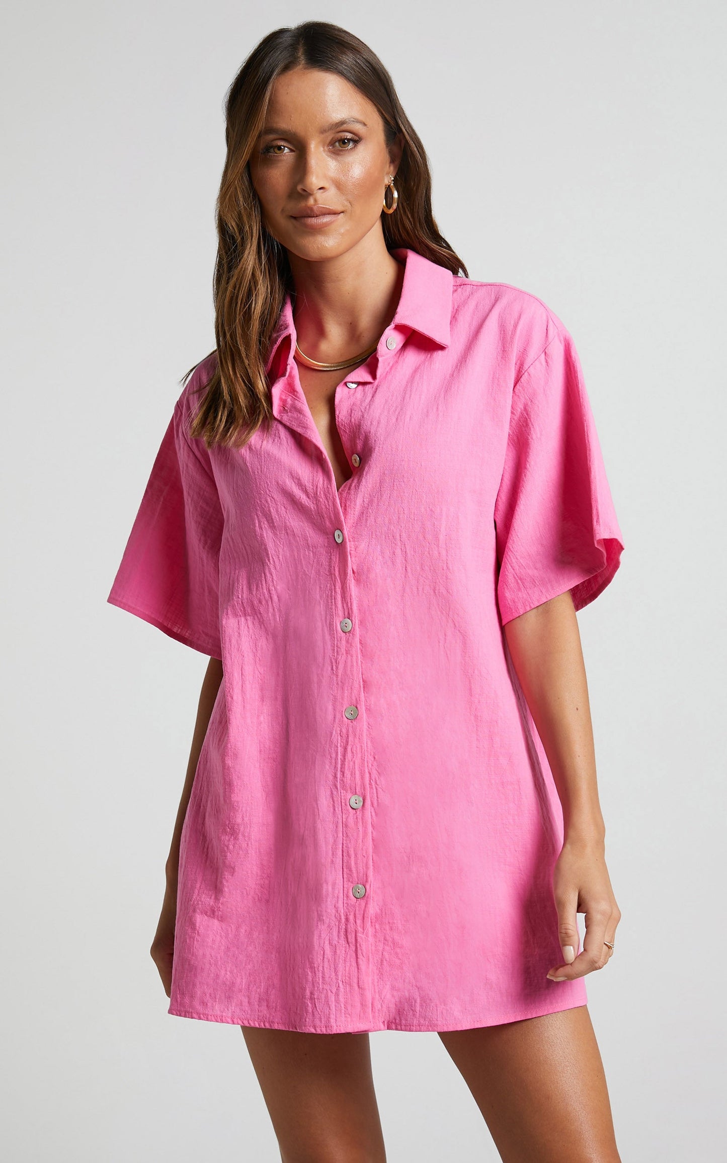 Vina Del Mar Two Piece Set - Linen Look Shirt and Shorts Set in Hot Pink