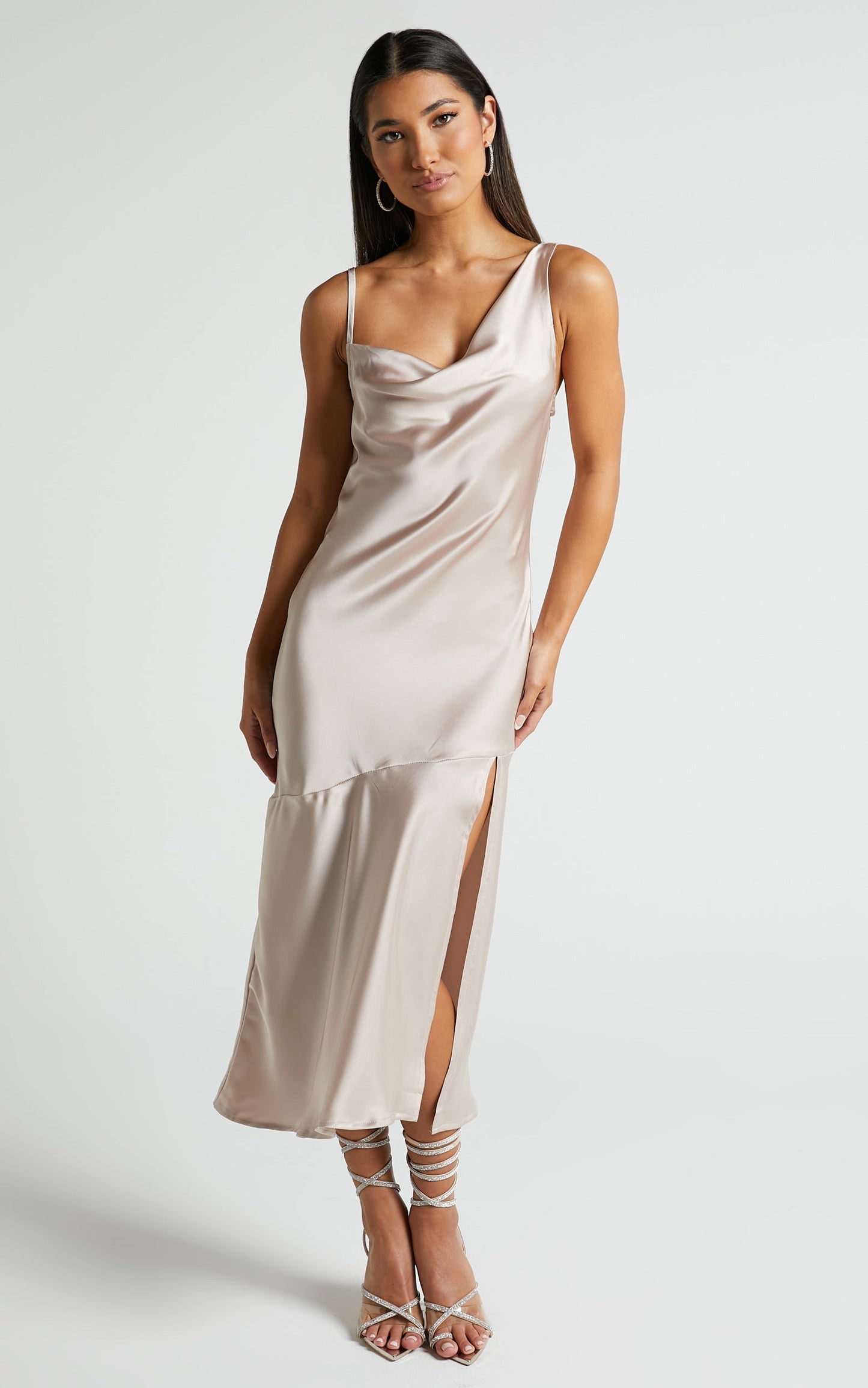Viola Midi Dress - Cowl Neck Asymmetrical Frill Dress in Champagne